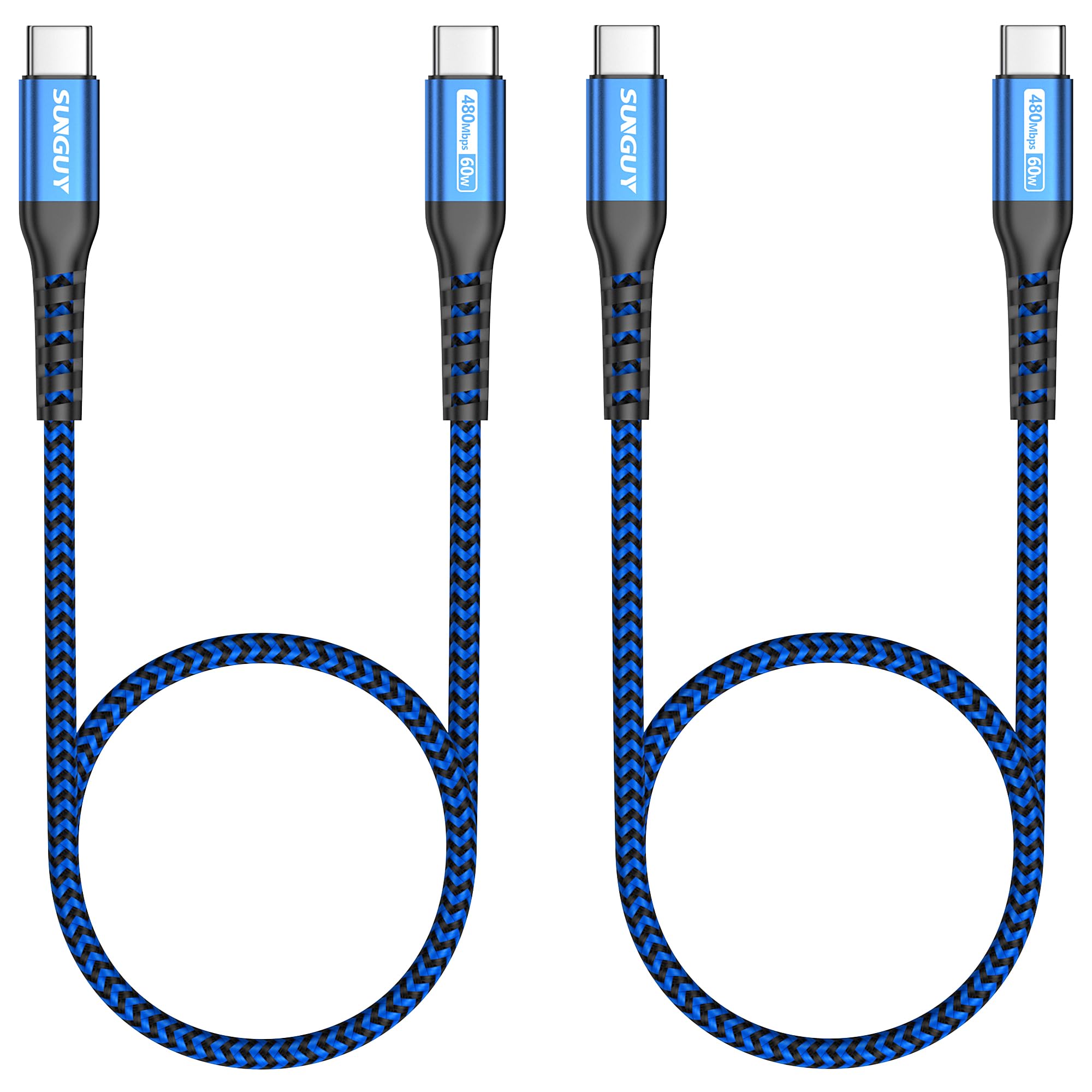 SUNGUY 2-Pack USB C to USB C Cable 0.5m, 480Mbps USB 2.0 Fast Charging Cord 60W PD Compatible with iPad Pro 2020, MacBook Pro, iPad Air 4, Samsung Galaxy S20/S10/S9, Huawei, Google Pixel, Nintendo Switch - Blue | Perfect for Home, Office & Travel Charging