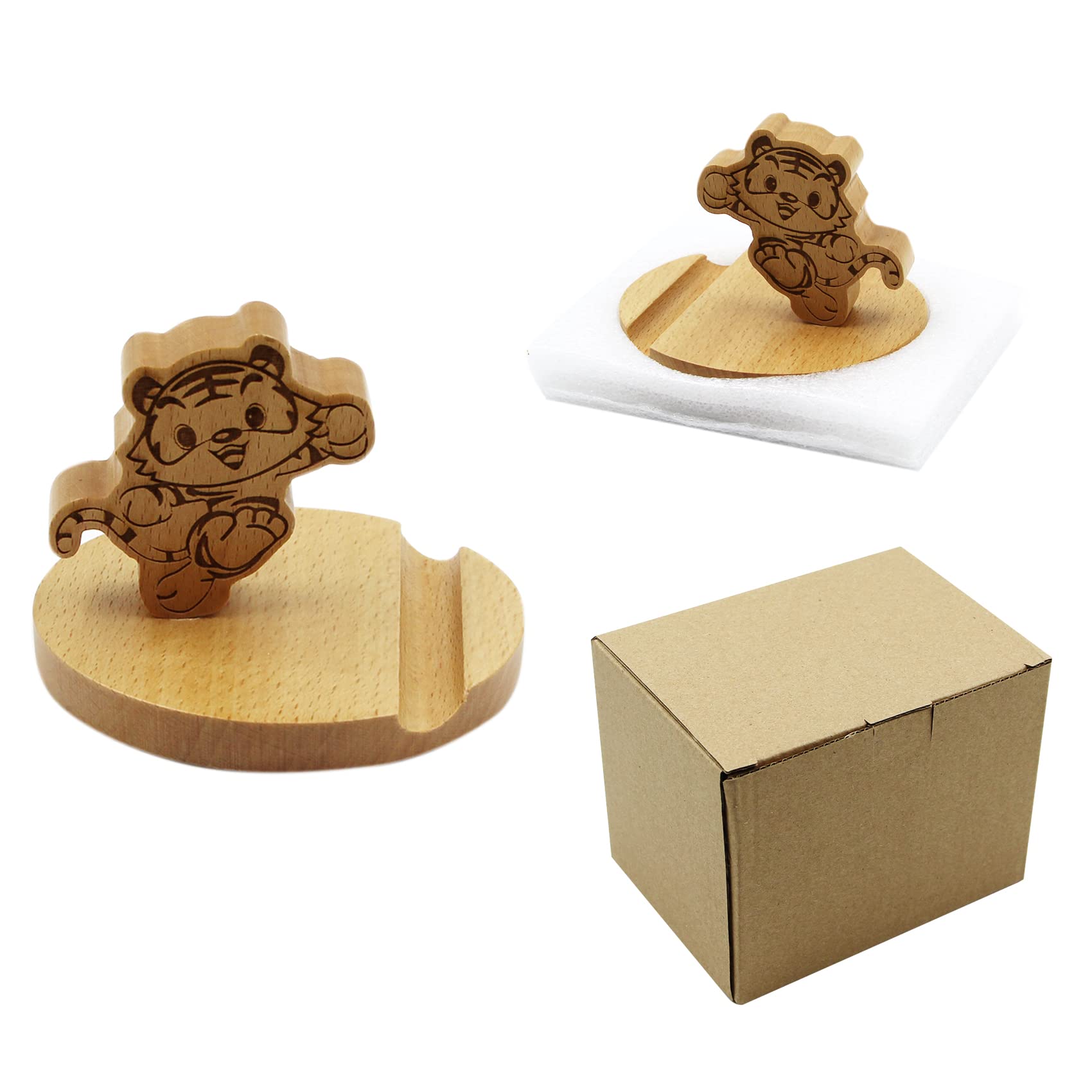 Wooden Tiger Phone Stand - Cute Animal Cell Phone Holder for Desk, Compatible with All Smartphones | Perfect for Home, Office, and Gift Giving
