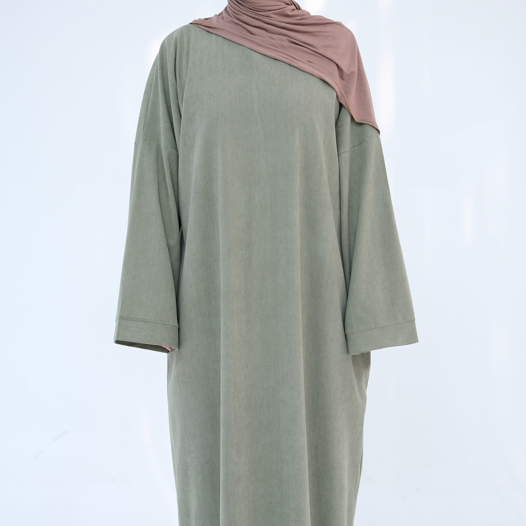 Annan Corduroy Abaya Dress for Women - Elegant Long Sleeve Maxi Dress in Sage Green | Perfect for Prayer, Modest Fashion, and Special Occasions