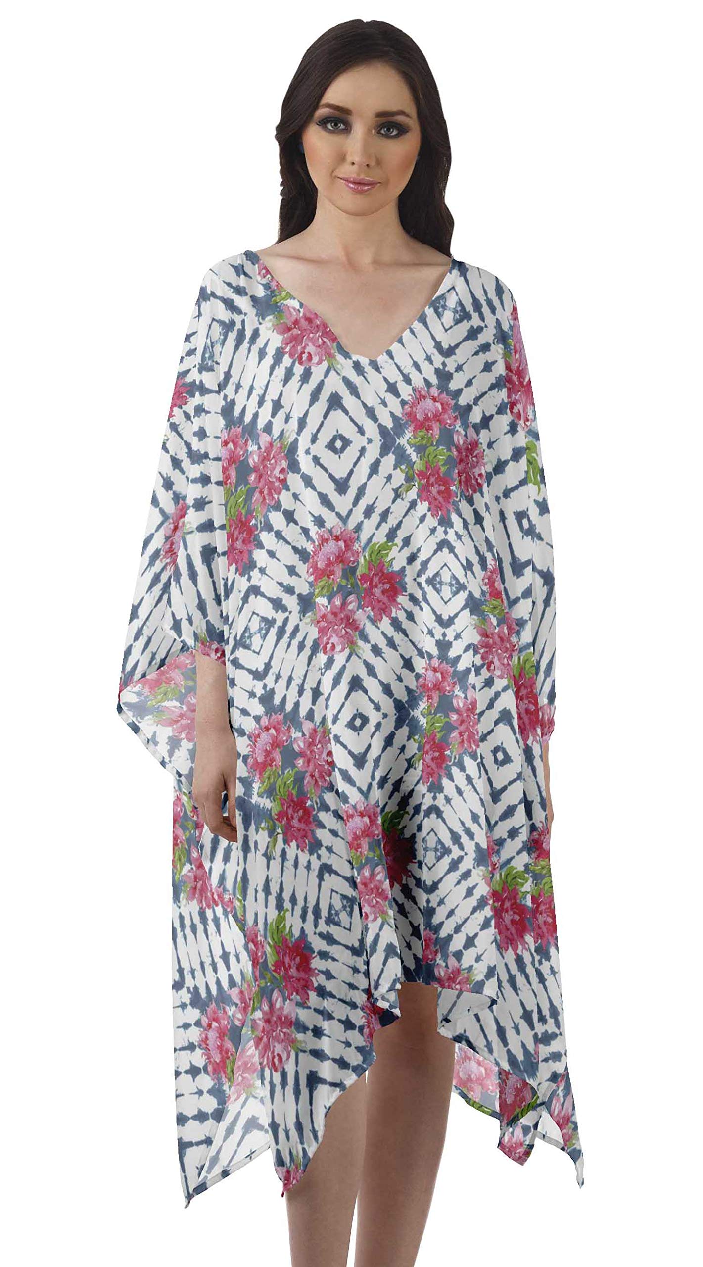Moomaya Women's Georgette Short Beach Kaftan - Flowy Bikini Cover Up Dress with Side Slits - Perfect for Poolside, Vacation & Summer Outfits