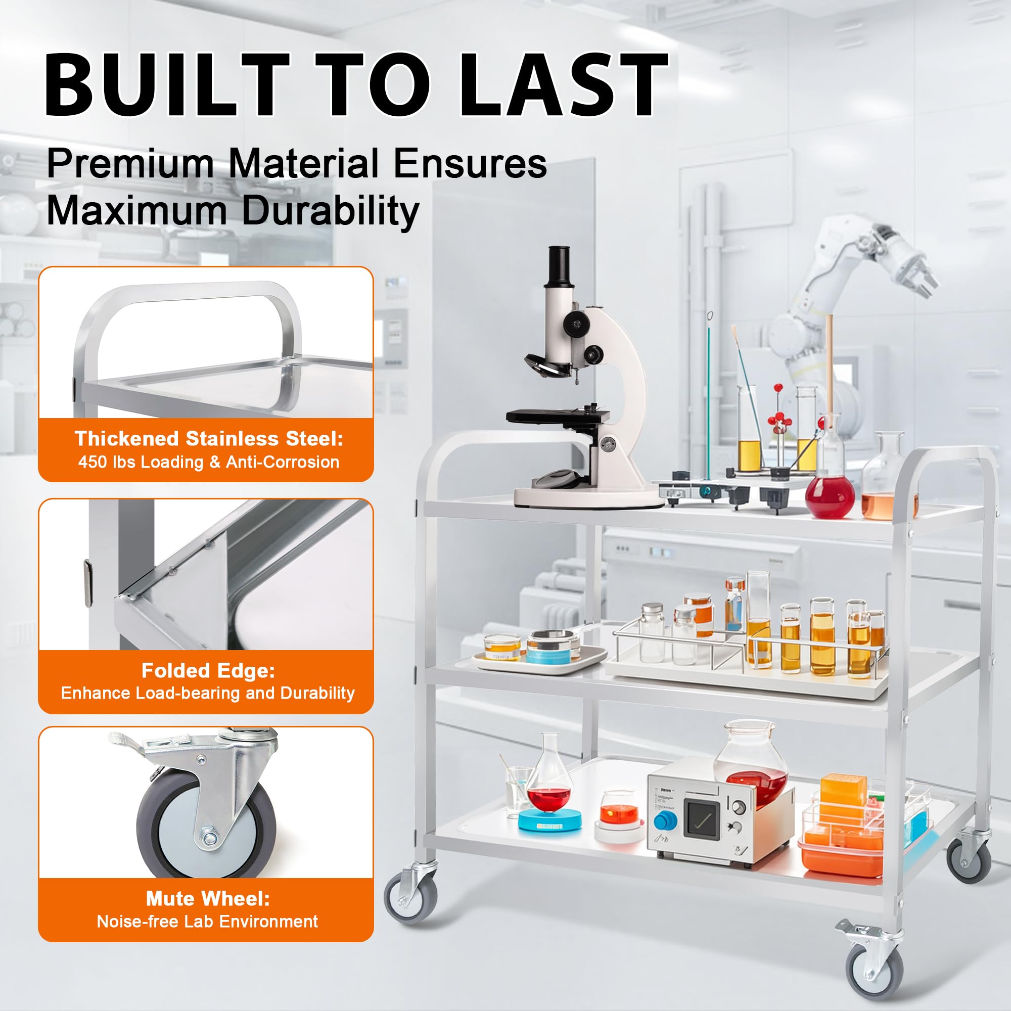 RAYOCON 3-Tier Stainless Steel Utility Cart with 360° Swivel Wheels & Locking Brakes - 37