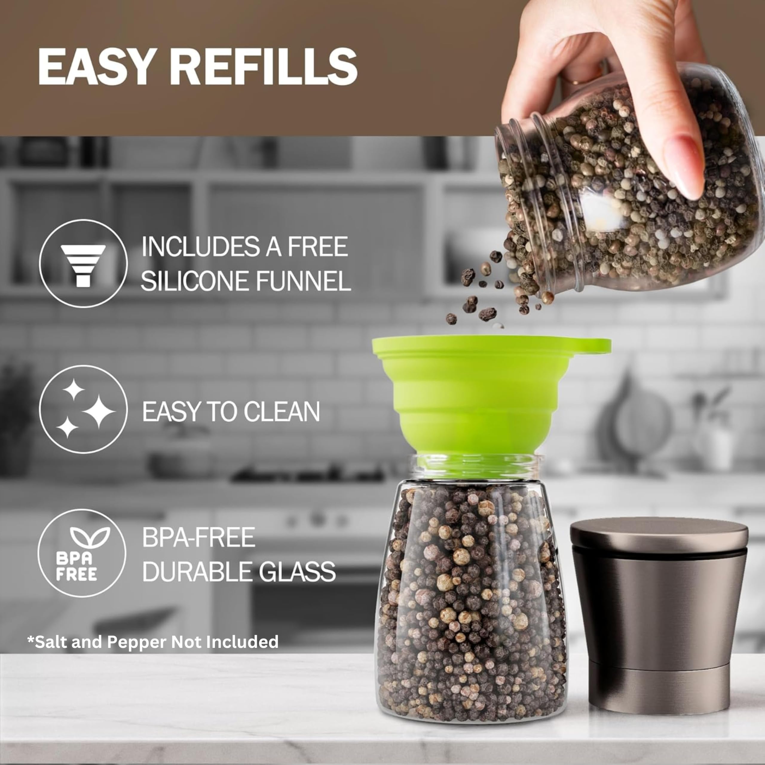 Premium Gun Metal Bronze Salt and Pepper Grinder Set of 2 - Adjustable Ceramic Core Mill - Glass Spice Shakers with Funnel & Free Ebook - Elegant Kitchen Accessories for Cooking, Dining & Gifting