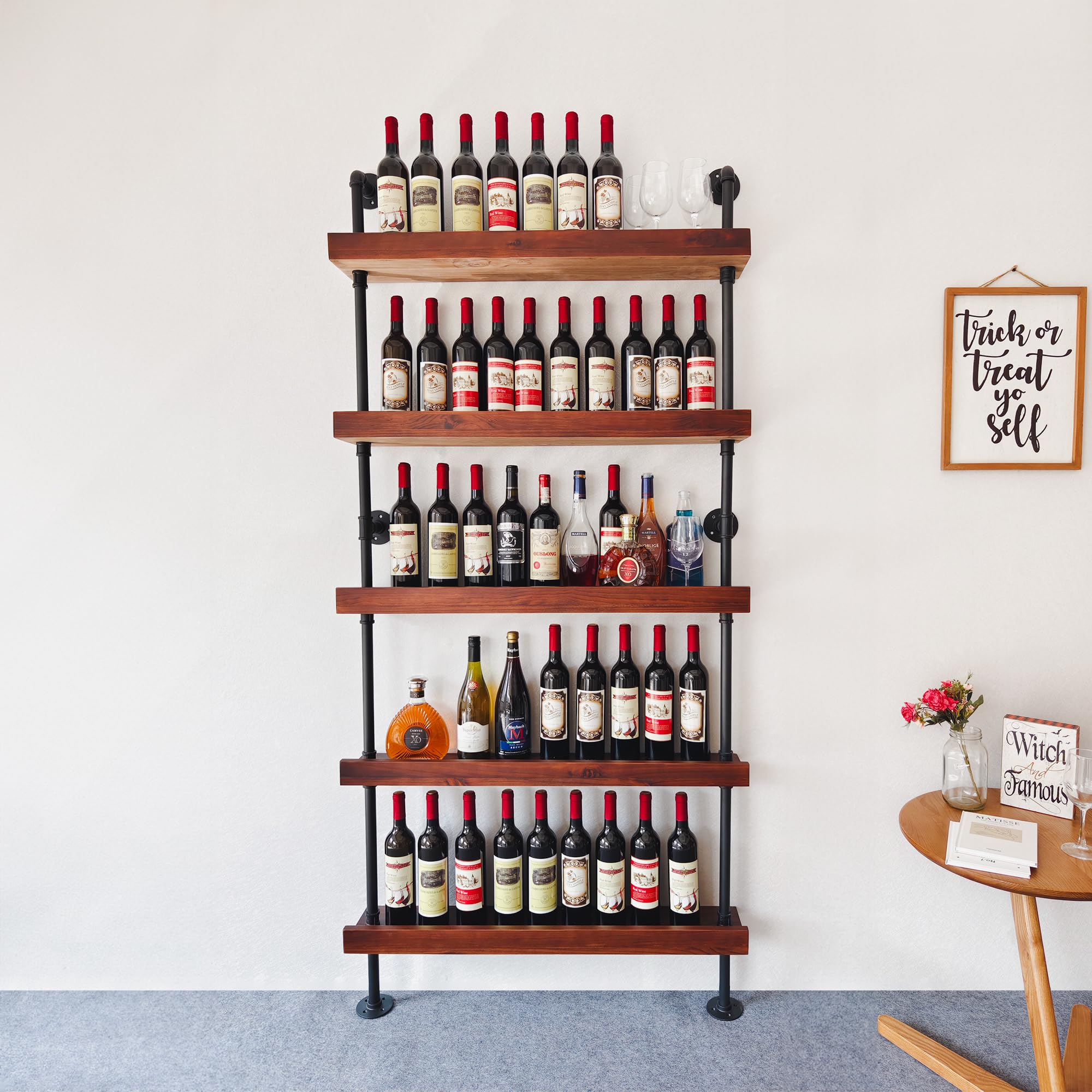 5-Tier Wall Mounted Wine Rack - Industrial Pipe Bar Shelf for Wine Bottle Storage, Rustic Brown Finish, 36.2x6.7x78.8 Inches - Perfect for Home Bar, Kitchen, Dining Room & Wine Cellar Organization