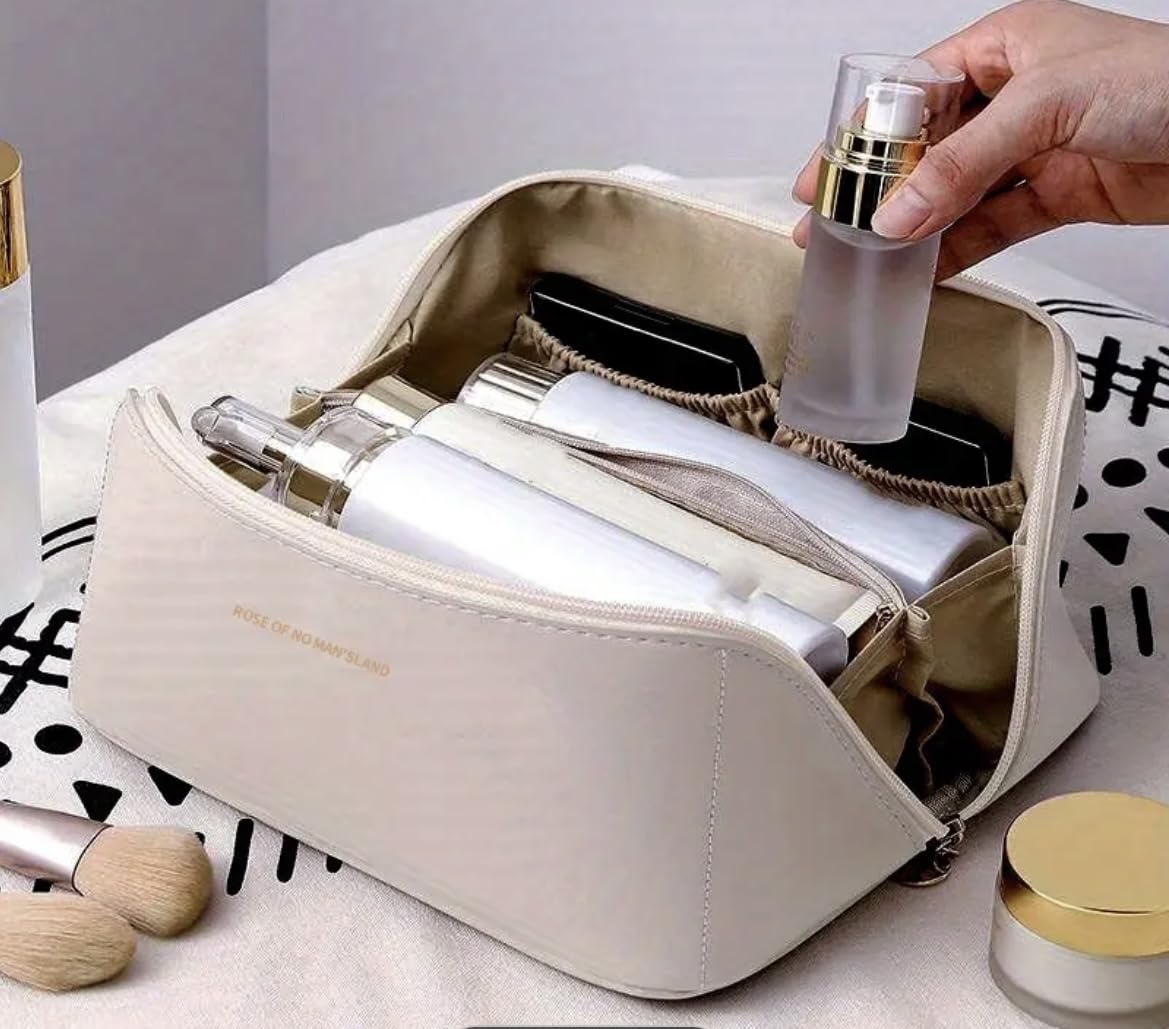 White Multifunctional Travel Cosmetic Bag - Waterproof Makeup Organizer with Zipper for Toiletries, Makeup Brushes & Accessories | Perfect for Travel, Gym, Home Storage & Daily Use