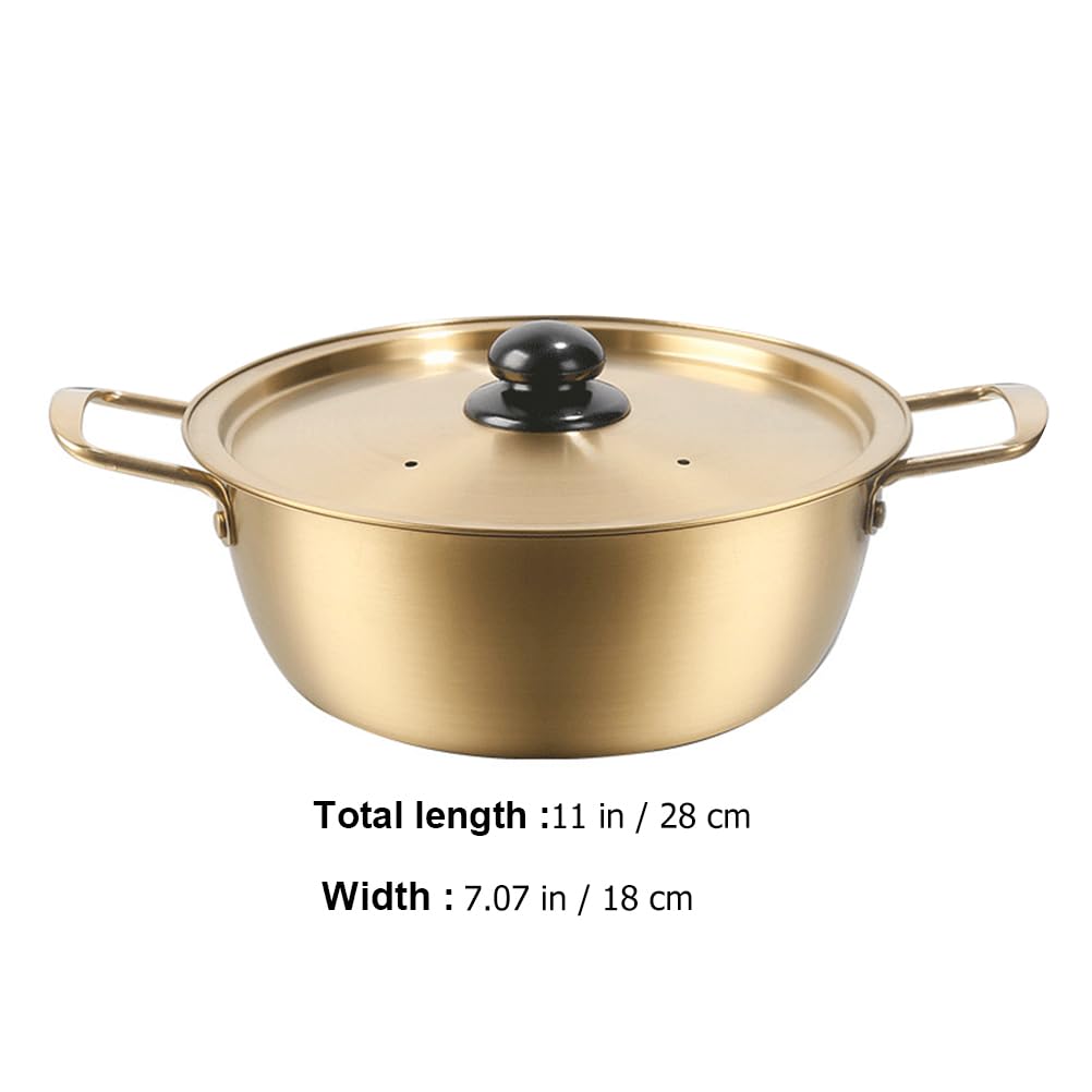Premium Stainless Steel Korean Ramen Noodle Pot with Lid - 18cm Golden Double Handle Ramyun Cooker for Soup, Stew & Instant Noodles | Perfect for Home Kitchen & Restaurant Use | Durable Stockpot for Quick Meals & Asian Cuisine