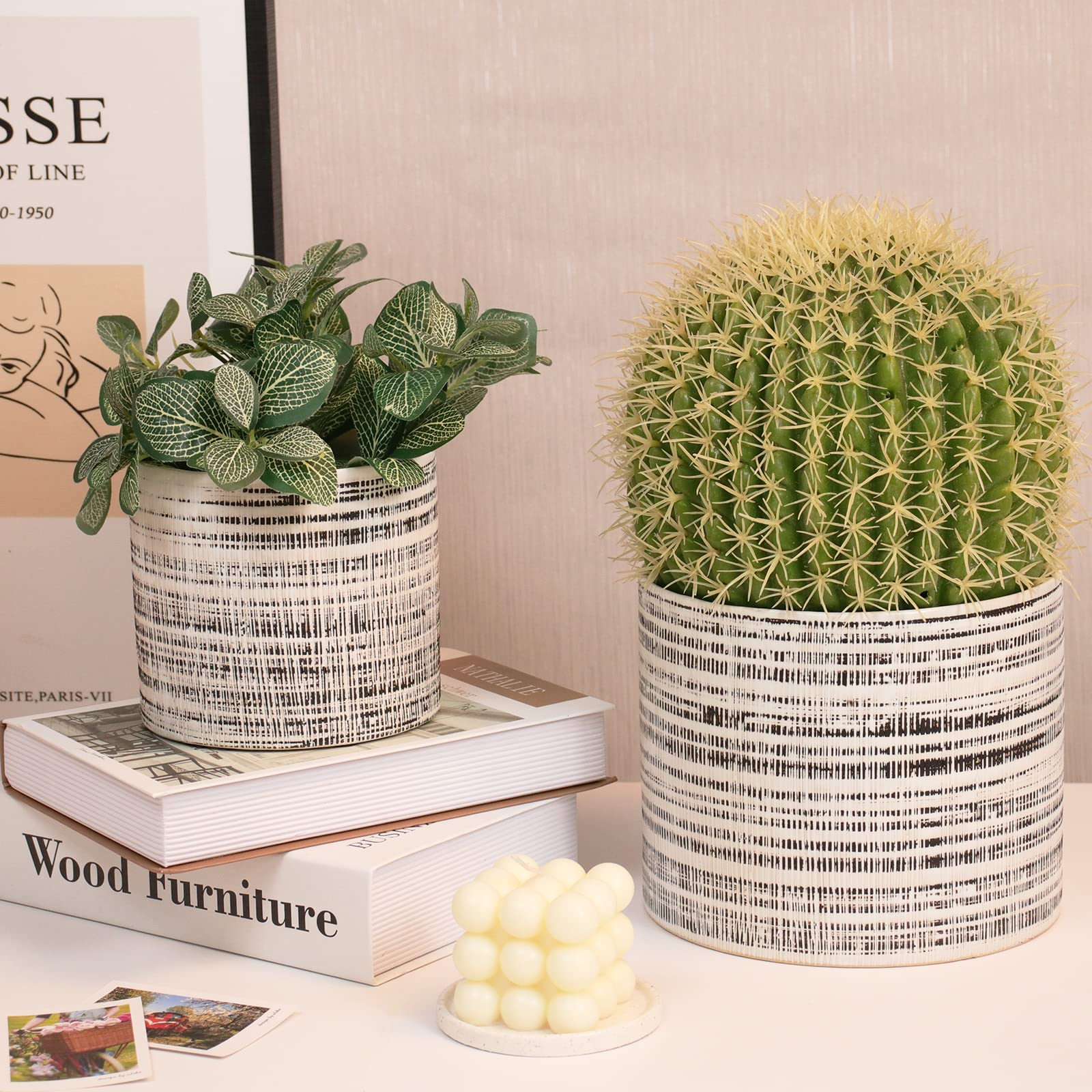 2 Pack Ceramic Plant Pots Indoor - 5 & 7 Inch Flower Pots with Drainage Holes for Herbs, Snake Plants, Succulents & Orchids - White Cylinder Planter Set for Home, Office & Garden Decor
