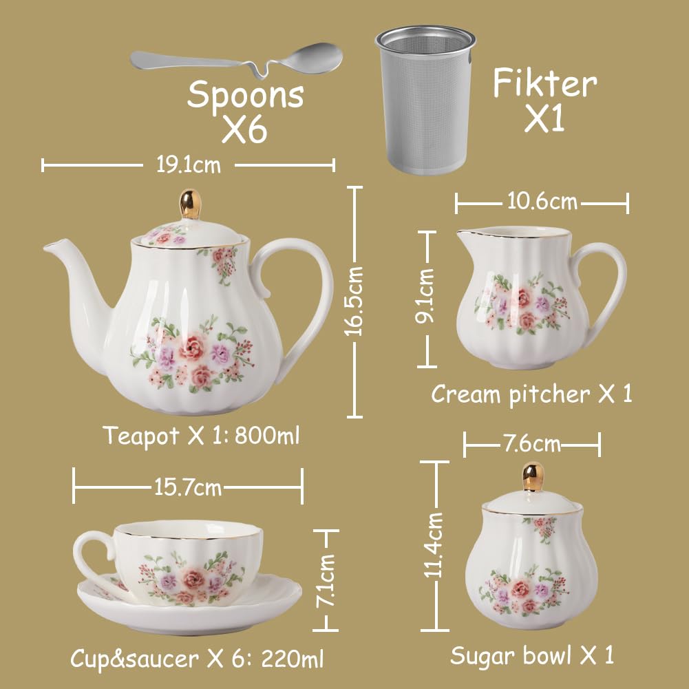 Royal British Porcelain Tea Set - 8 OZ Cups & Saucers for 6 with Teapot, Sugar Bowl, Cream Pitcher & Accessories | Elegant Rose Floral Design for High Tea, Weddings, Bridal Showers & Afternoon Tea Parties