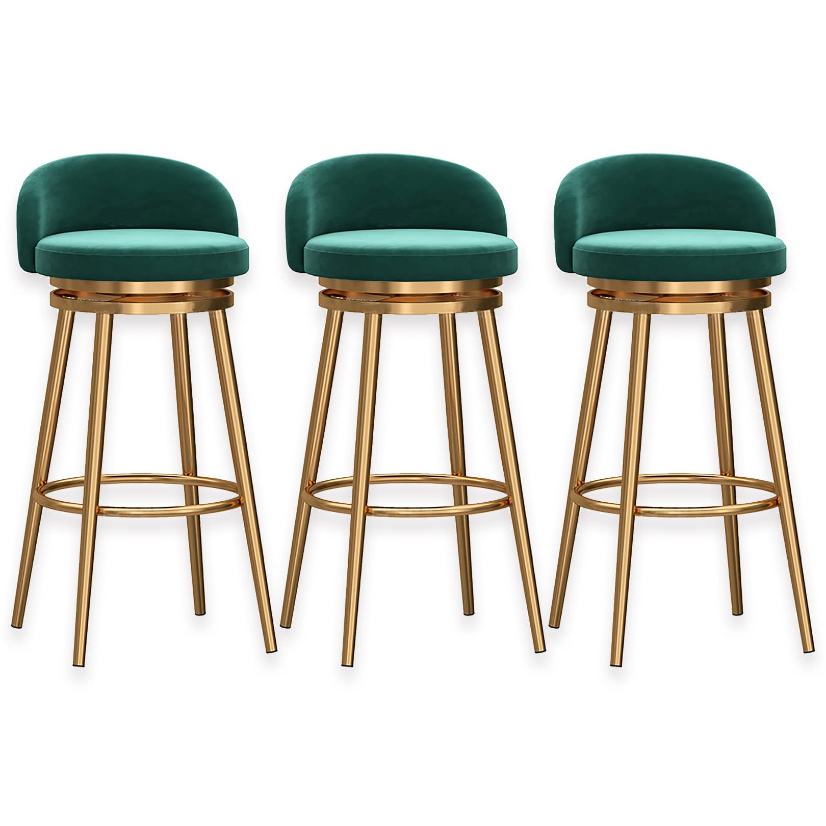 Swivel Bar Stools Set of 3 - Velvet Kitchen Island Chairs with Gold Metal Footrest, 150kg Weight Capacity - Perfect for Kitchen Counter, Breakfast Bar & Home Decor