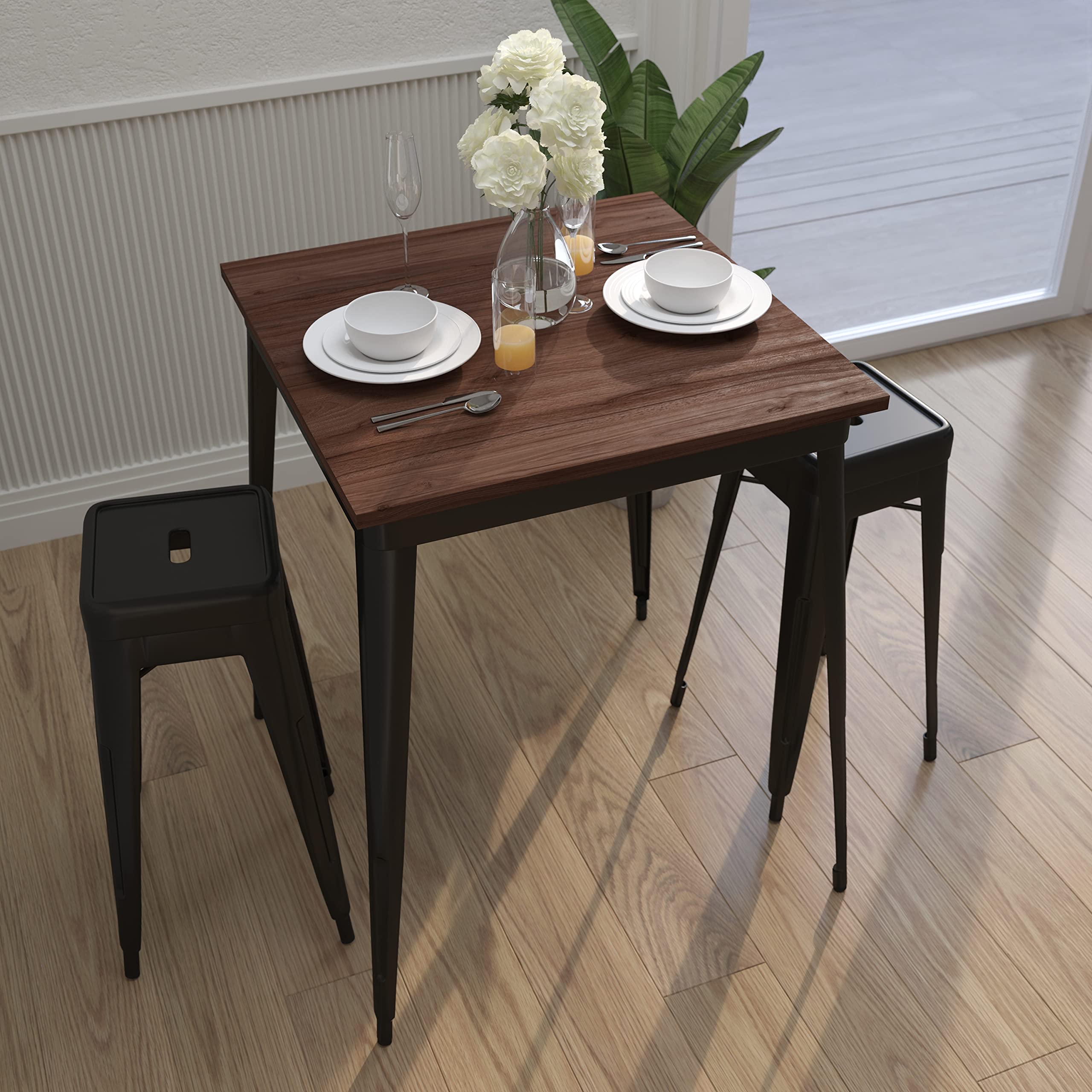 Merrick Lane Ardennes Dining Table - 31.5 Inch Square Black Steel Frame with Walnut Wood Top - Modern Kitchen & Dining Room Furniture for Small Spaces