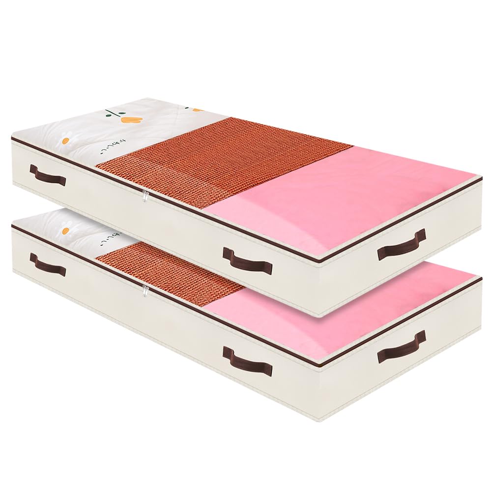 AMJ Beige Pack of 2 Large Capacity Underbed Storage Bags Organizer - Collapsible Washable Underbed Storage with Clear Window & Reinforced Handles for Bedroom, Wardrobe, Closet, Travel & Seasonal Clothes Storage