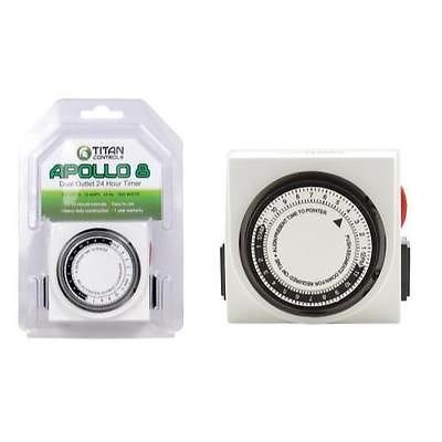 Titan Controls Apollo 8 Dual Outlet Mechanical Timer - 24 Hour Analog Timer for Hydroponics & Indoor Gardening (120V) - Perfect for Grow Lights, Pumps & Home Appliances