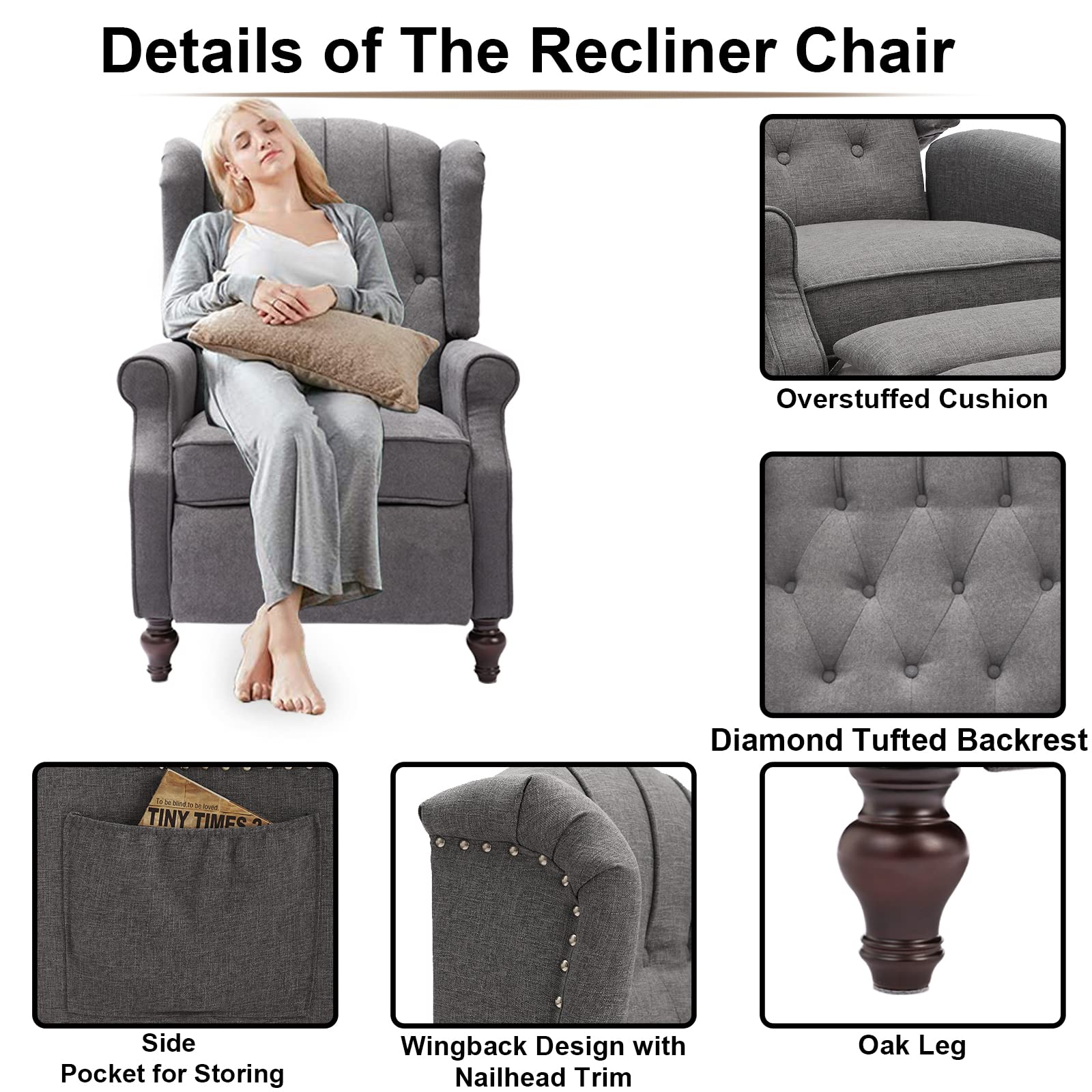 IPKIG Heated Massage Recliner Chair - Tufted Wingback Push Back Armchair with Side Pockets, Grey - Perfect for Living Room, Bedroom & Home Office Relaxation