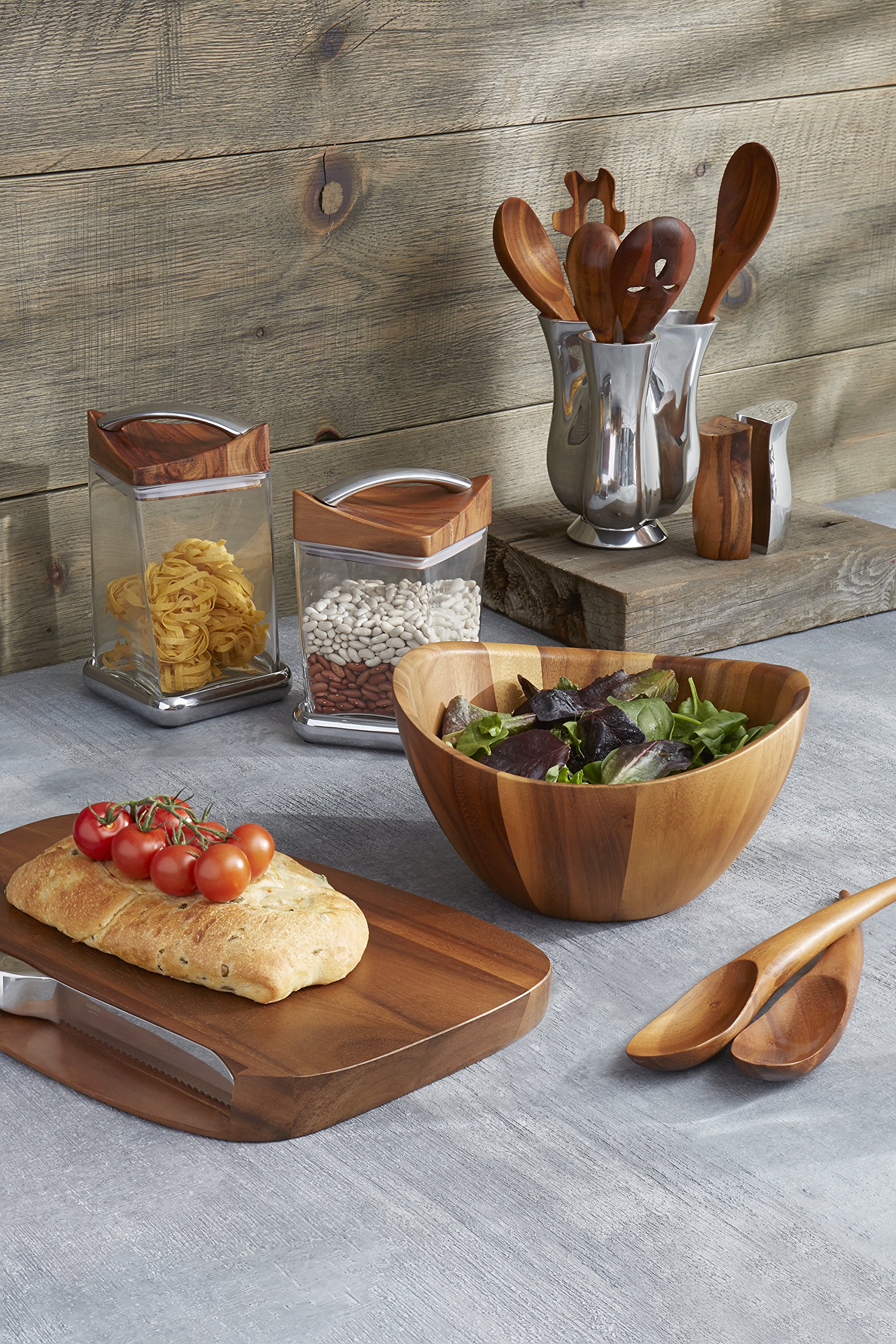 Nambé Tulip Tool Jug with 5-Piece Kitchen Utensil Set | Premium Countertop Utensil Holder with Wooden Spoons & Tools | Durable Nambe Alloy & Acacia Wood Construction | Perfect for Cooking, Baking & Kitchen Organization