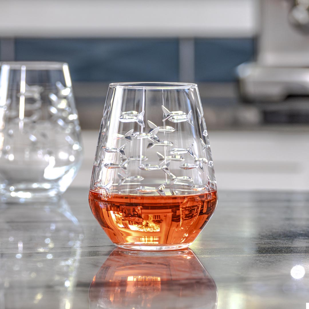 School of Fish 18oz Stemless Wine Tumbler Glass Set of 4 - Perfect for Parties, Picnics & Home Entertaining
