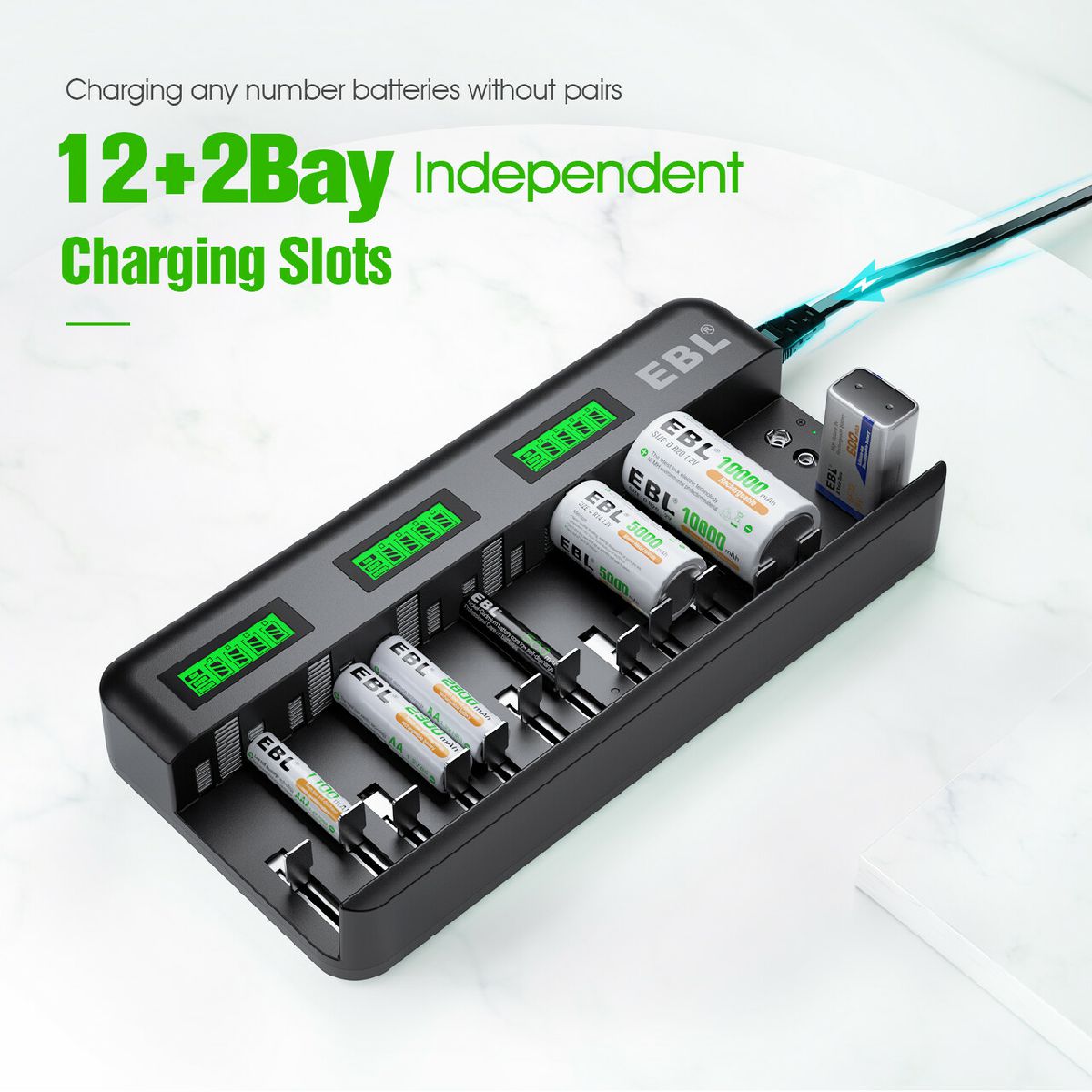 EBL 12+2 Bay Universal Battery Charger for AA AAA C D 9V Batteries - Fast Charging for All Household Devices, Perfect for Toys, Flashlights, Cameras & Electronics