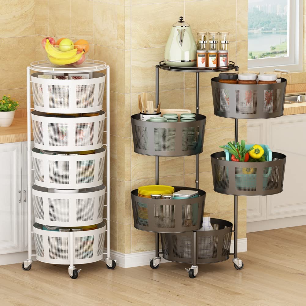 5-Layer Rotating Metal Storage Basket Organizer for Kitchen - Hanging Food Storage for Fruits & Vegetables - Space Saving Organizer for Living Room, Bathroom & Household - Perfect for Pantry Organization & Small Space Storage Solutions