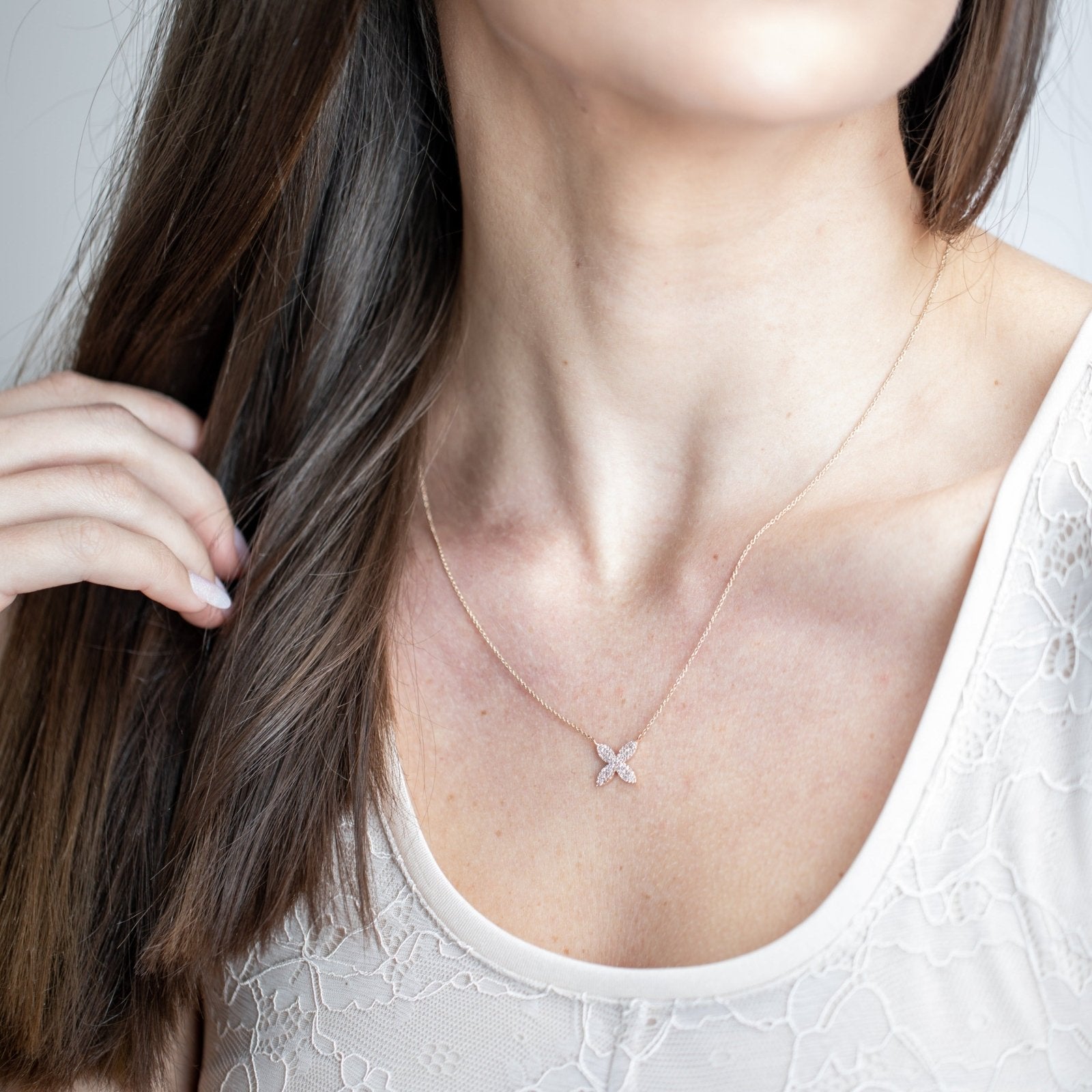 14K Rose Gold Diamond Pavé Flower Necklace - Four Petal Floral Pendant Jewelry for Women, Perfect Gift for Anniversary, Valentine's Day & Special Occasions