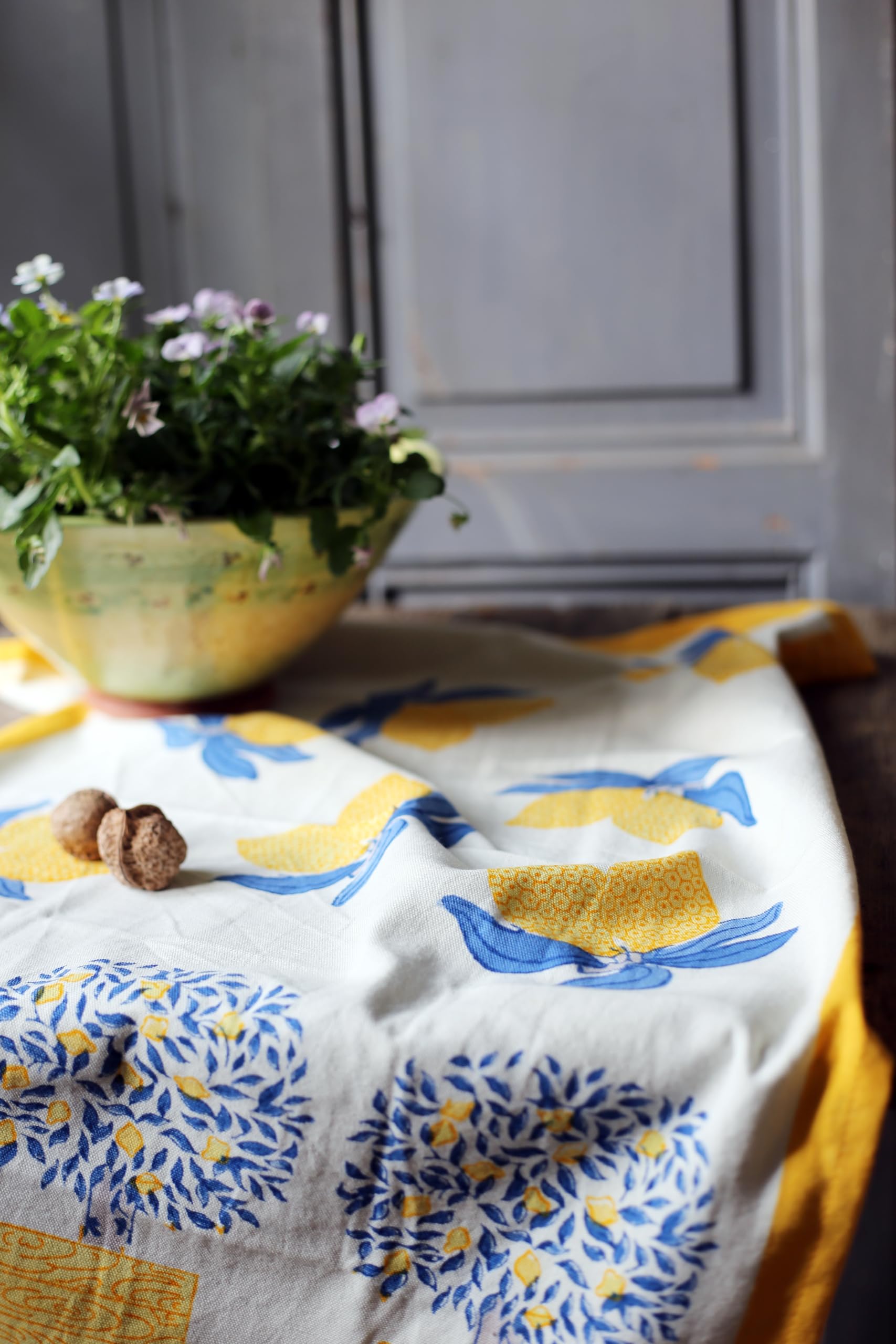 Organic Lemon Tree Tea Towels Set of 3 - 20x30 Inch Blue & Yellow Cotton Kitchen Towels for Drying Dishes, Decor & Gift Giving