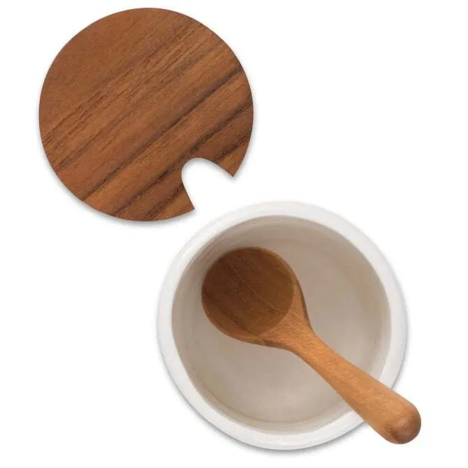 Ceramic Mini Wine Cellar with Teak Wood Lid & Spoon - Perfect for Wine Storage, Kitchen Decor, and Gift Giving