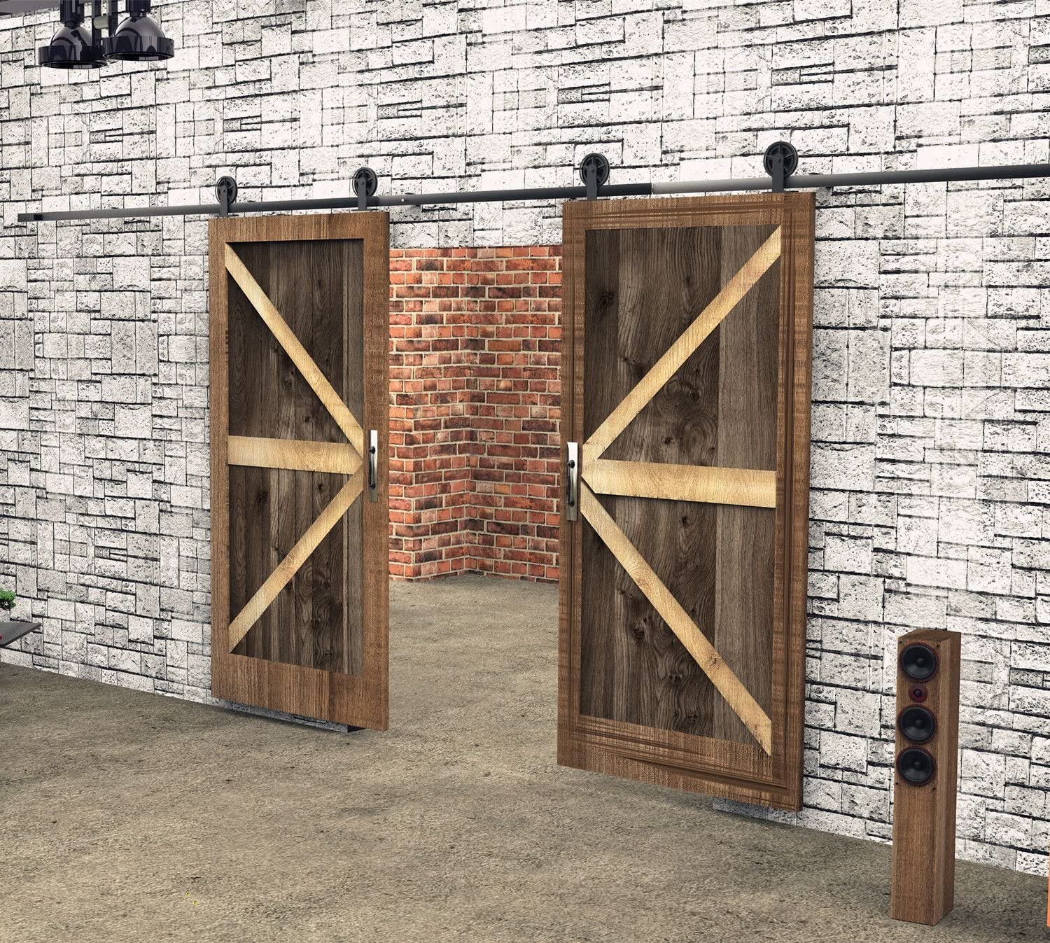 Homacer Black Rustic Non-Bypass Sliding Barn Door Hardware Kit - Heavy Duty 16ft Flat Track with T-Shape Spoke Wheel Roller for Single Interior & Exterior Doors | Perfect for Farmhouse, Loft, and Industrial Style Homes