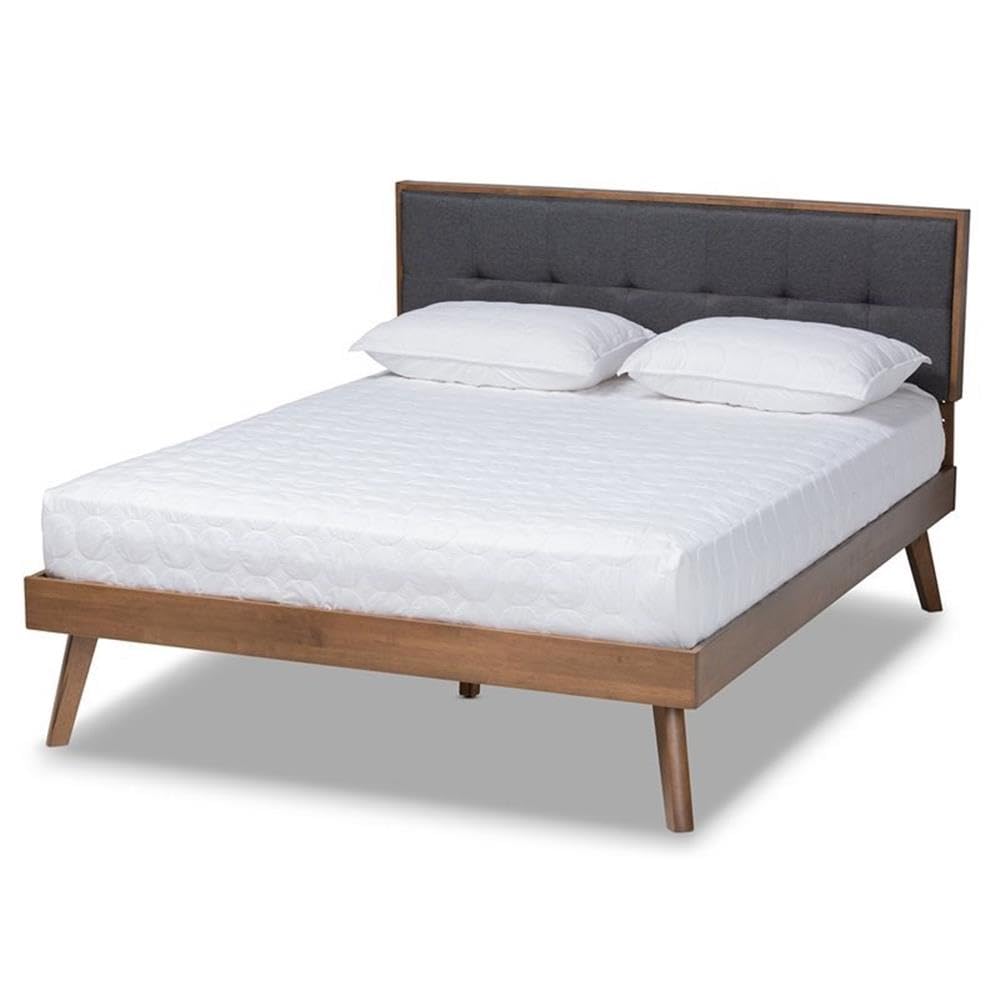 BOWERY HILL Queen Size Platform Bed with Dark Gray Fabric Upholstery and Walnut Finish - Perfect for Modern Bedrooms, Guest Rooms & Small Spaces