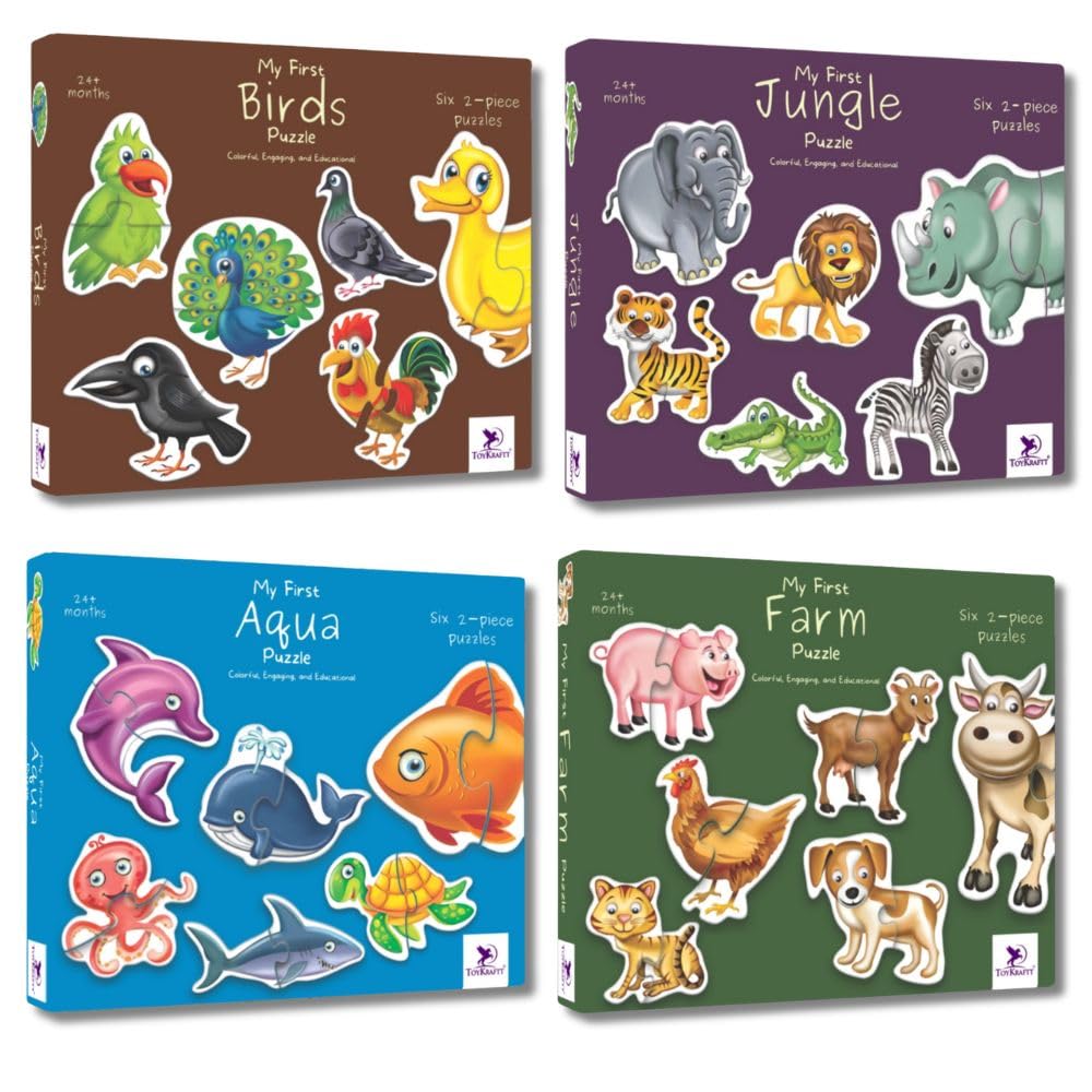 Toykraftt My First 4-in-1 Jigsaw Puzzles for Kids Ages 3+ - Water, Birds, Jungle & Farm Animals - Safe Durable Cardboard Chunky Puzzles - Perfect for Early Learning & Preschool Education