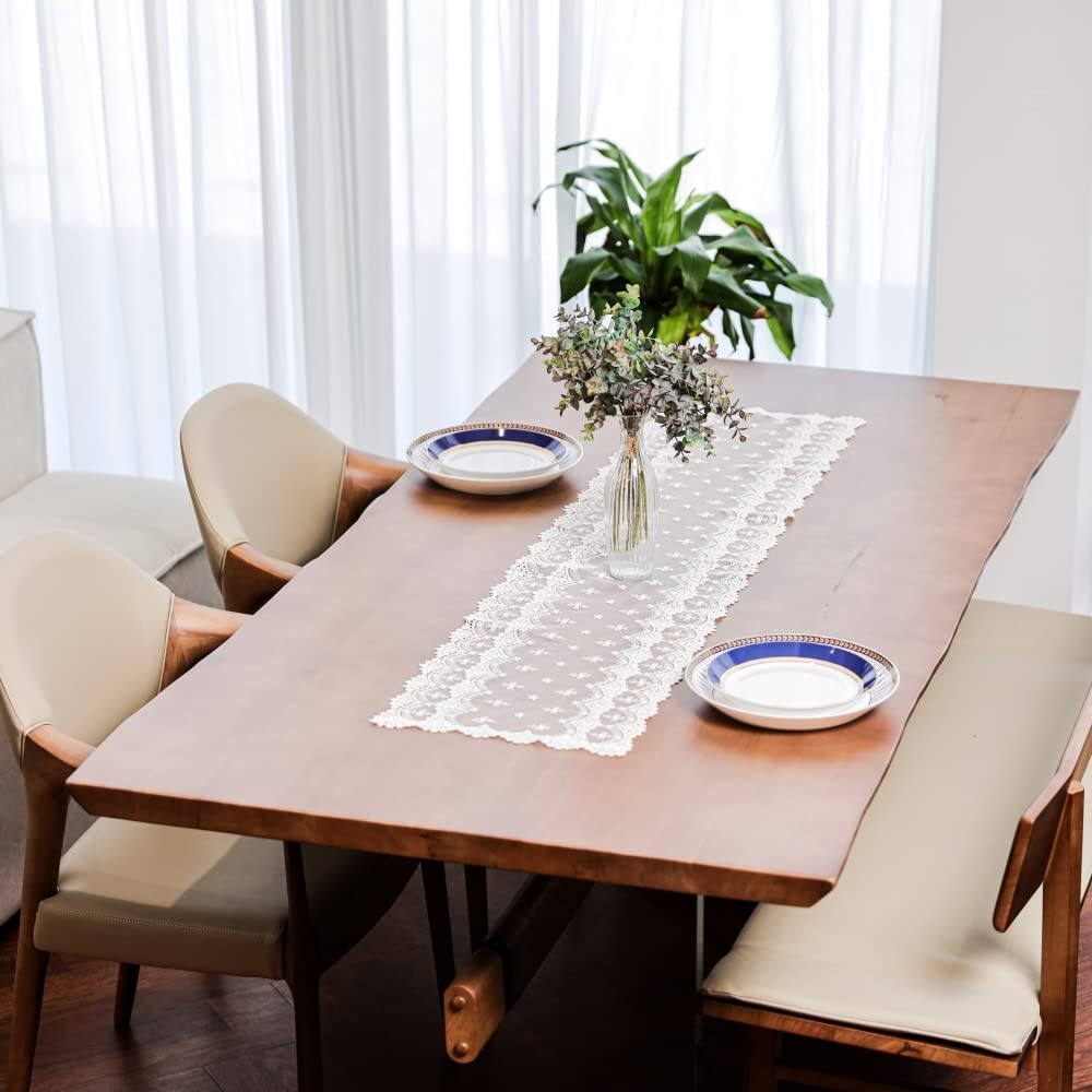 Elegant White Embroidered Table Lace Runner 12×50 Inch (31×130cm) - Perfect for Wedding, Holiday, Picnic & Daily Dinner Table Decor - Durable Polyester Fabric for Home & Event Decoration