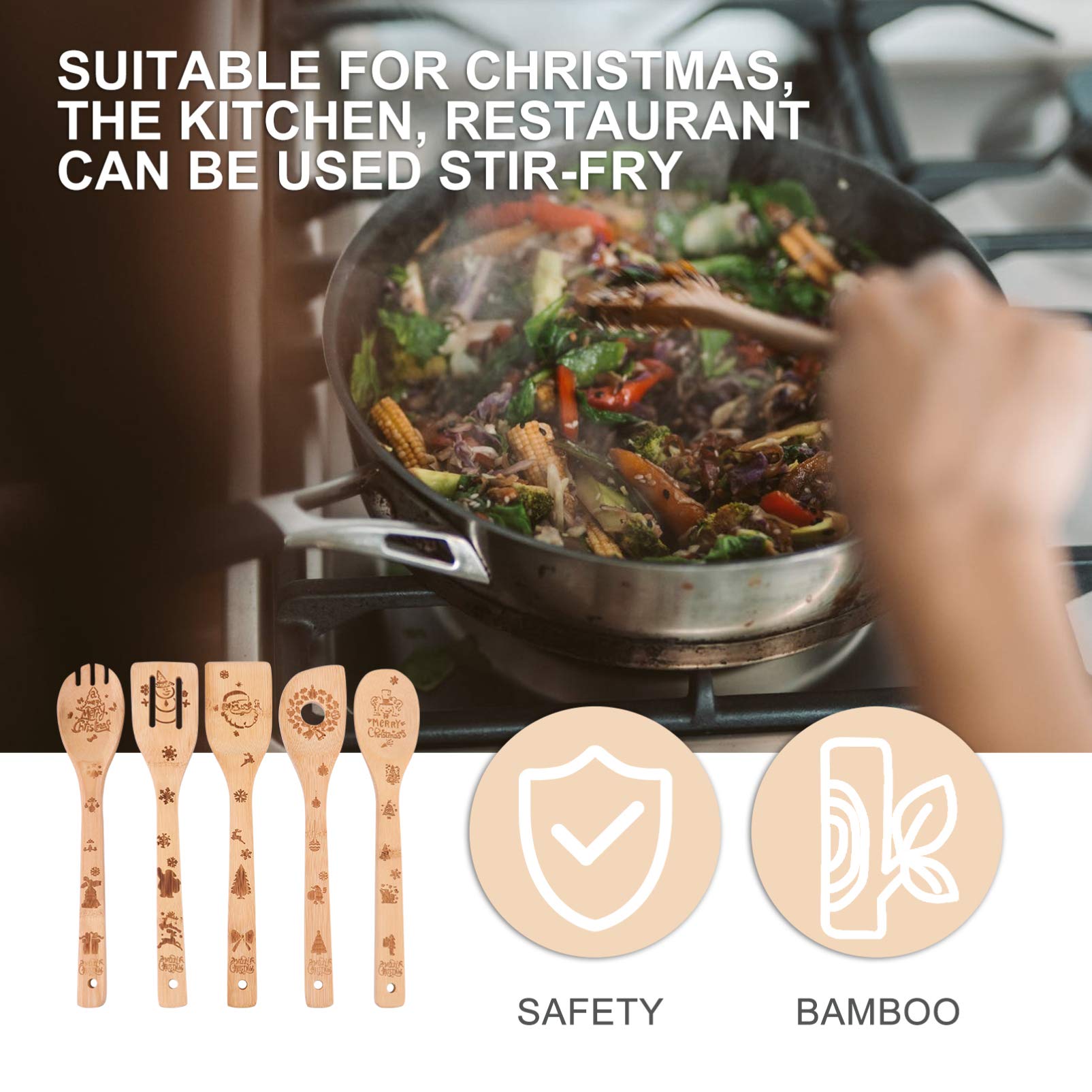5-Piece Christmas Bamboo Cooking Shovel Set - Eco-Friendly Kitchen Spatula for Baking, Stirring & Serving - Perfect Holiday Kitchen Gadget & Utensil for Christmas Cooking, Baking & Home Decor
