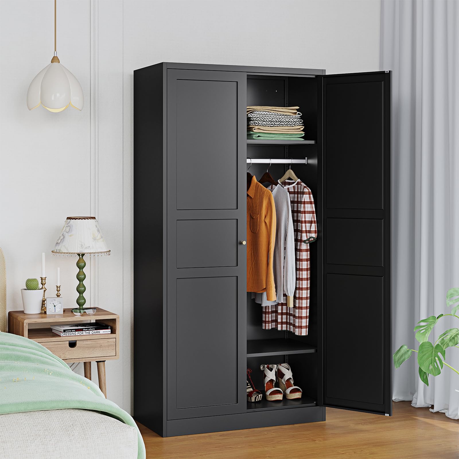 Metal Wardrobe Closet Cabinet with Doors & Shelves - Freestanding Storage Armoire for Bedroom, Laundry Room, Home Office & Bathroom - Black (Perfect for Small Spaces & Closet Organization)