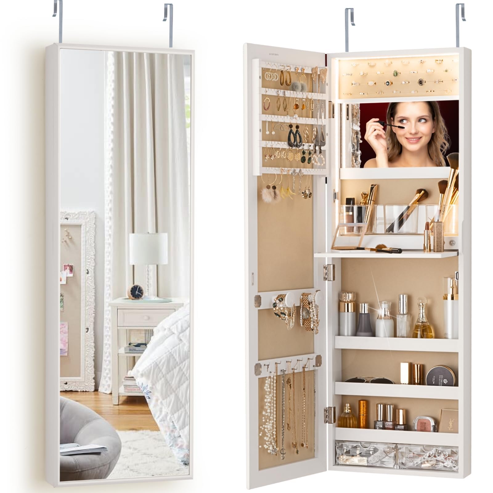 White Jewelry Armoire with Mirror & Lights - Wall Mounted Storage for Makeup & Jewelry