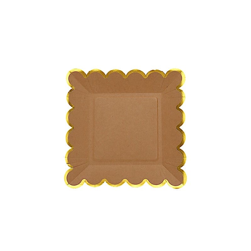 25 Square Natural Paper Salad Dinner Plates with Gold Scalloped Rim - Eco-Friendly Disposable Tableware for Parties, Weddings & Picnics