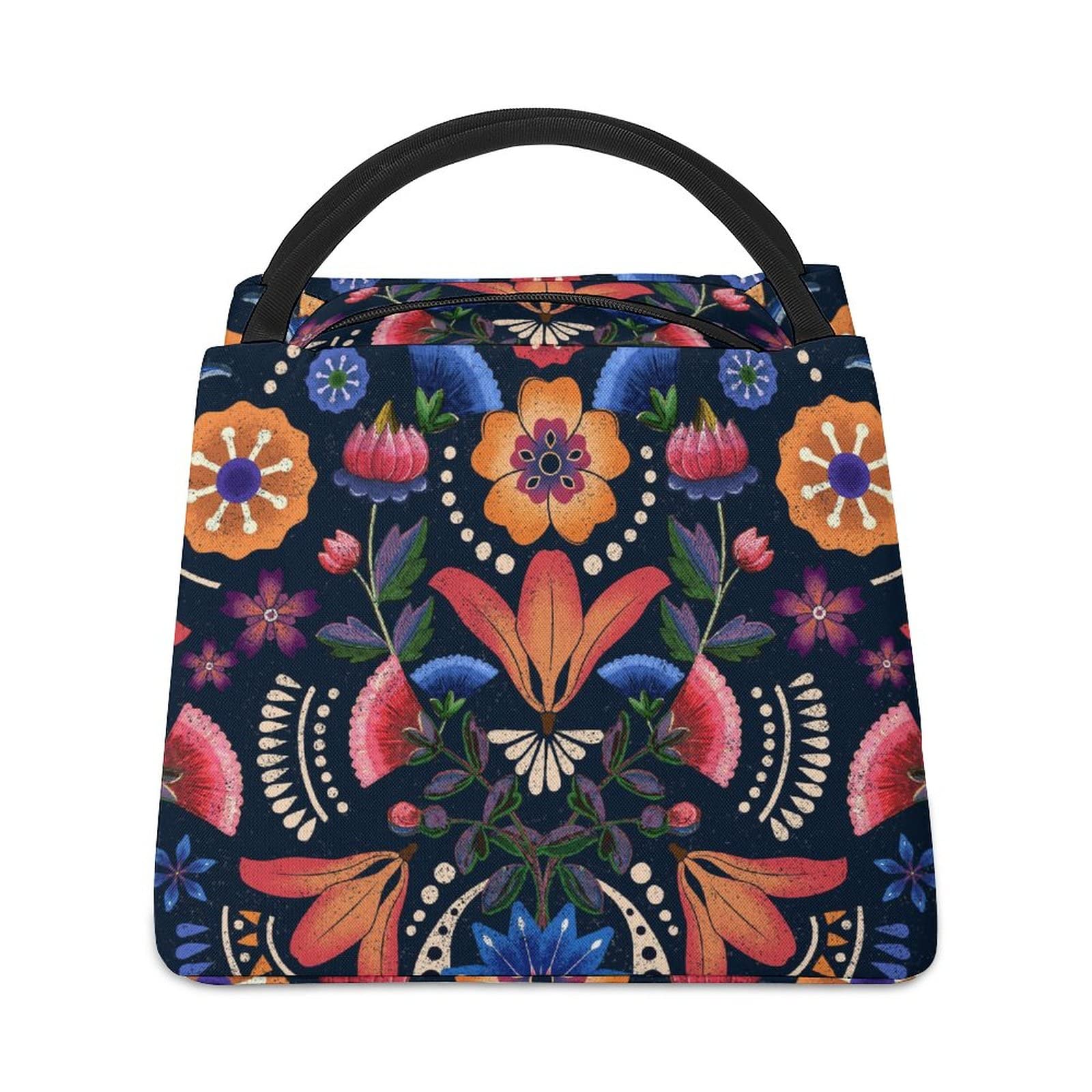 Insulated Lunch Tote Bag for Women - Thermal Printed Work Meal Bag with Aluminum Lining, Retro Floral Design (Colorful) - Perfect for Office, School, Picnics & Travel