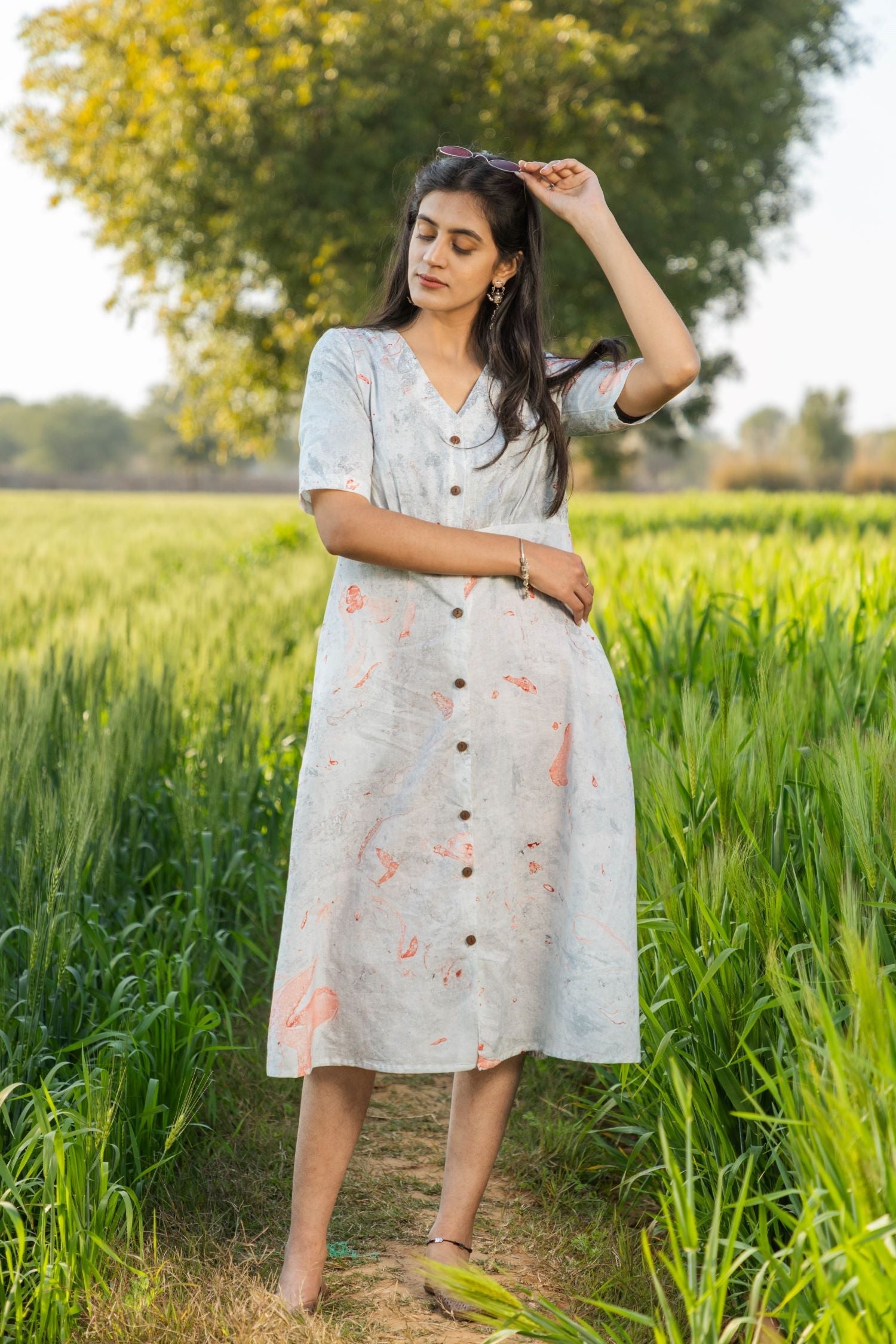 Handmarble Printed Pure Cotton Dress 'Morning Mist' by Sootisyahi - Elegant & Comfortable for Casual Outings, Office Wear & Special Occasions
