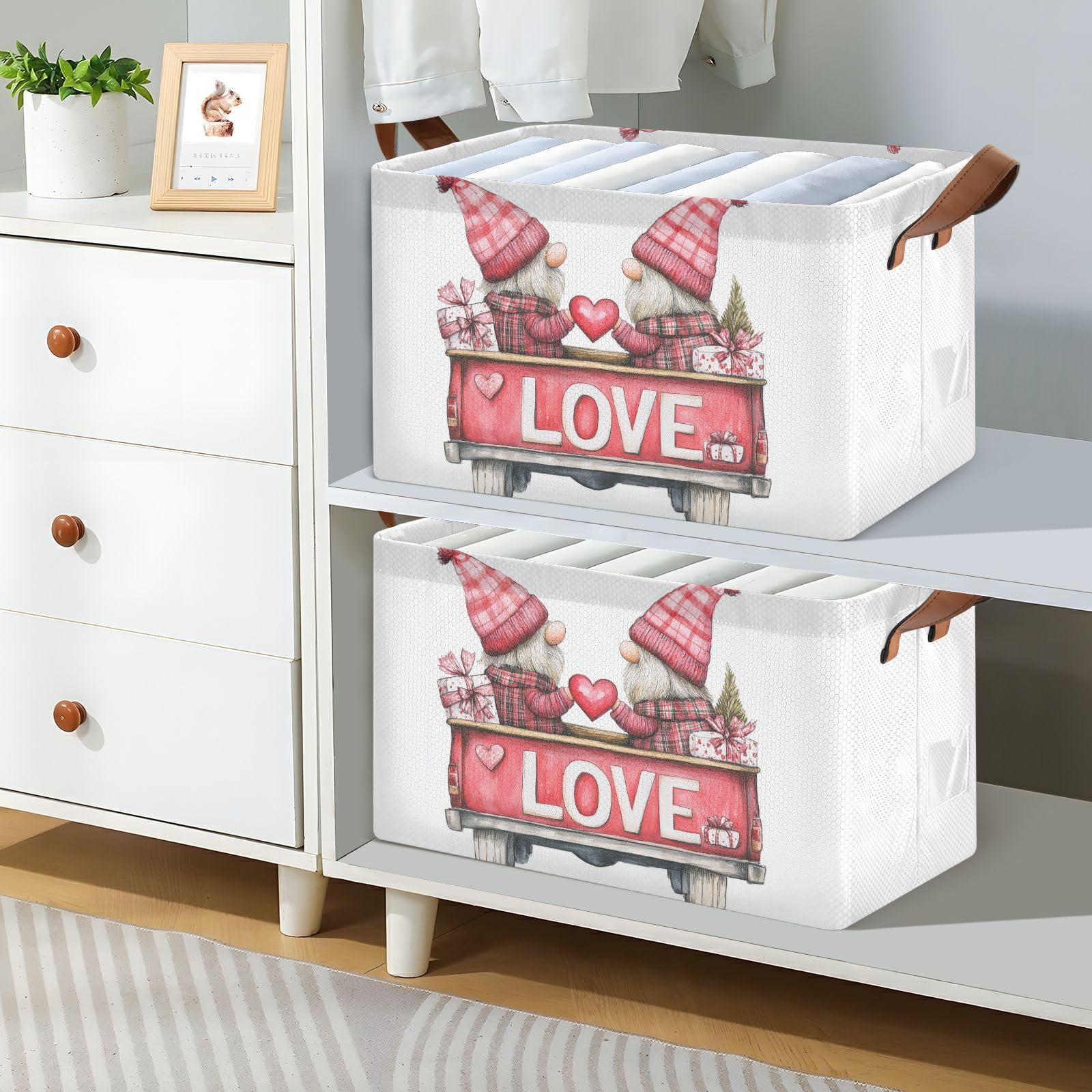 Valentine's Day Red Truck Gnomes Foldable Storage Bins with Handles & Labels - 2 Pack Collapsible Organizer Baskets for Home, Living Room, Closet, Shelves - Decorative Storage Cube Box for Holiday Decor & Gift Organization