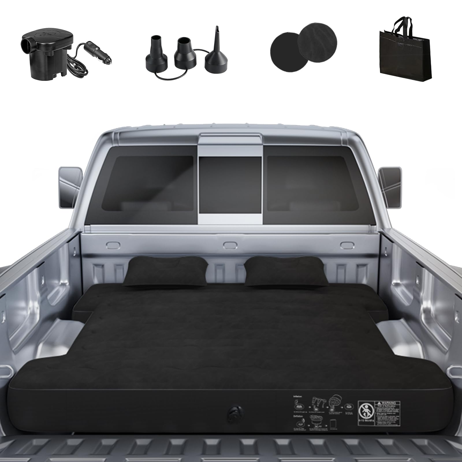 **Inflatable Air Mattress for Full Size 6.5ft Truck Beds - Fits Chevrolet Silverado, Dodge Ram, Ford - Includes Air Pump, 2 Pillows & Carry Bag - Perfect for Camping, Road Trips & Outdoor Adventures (Black)**