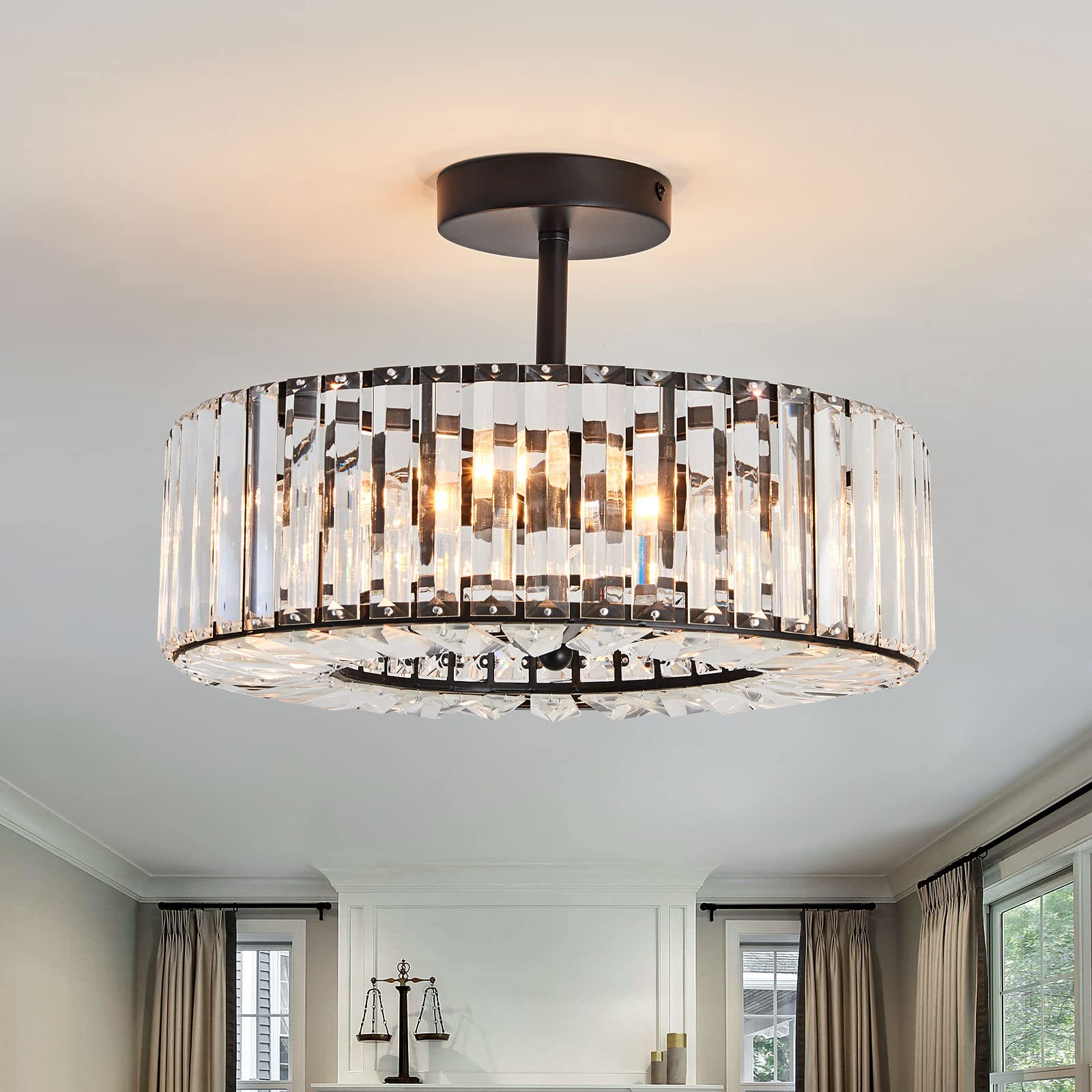 4-Light Modern Crystal Chandelier - Black Round Semi-Flush Mount Ceiling Light Fixture - Farmhouse Style Lighting for Dining Room, Living Room, Bedroom, Hallway, Entryway & Kitchen - Perfect for Home Decor, Wedding Venues and Restaurants