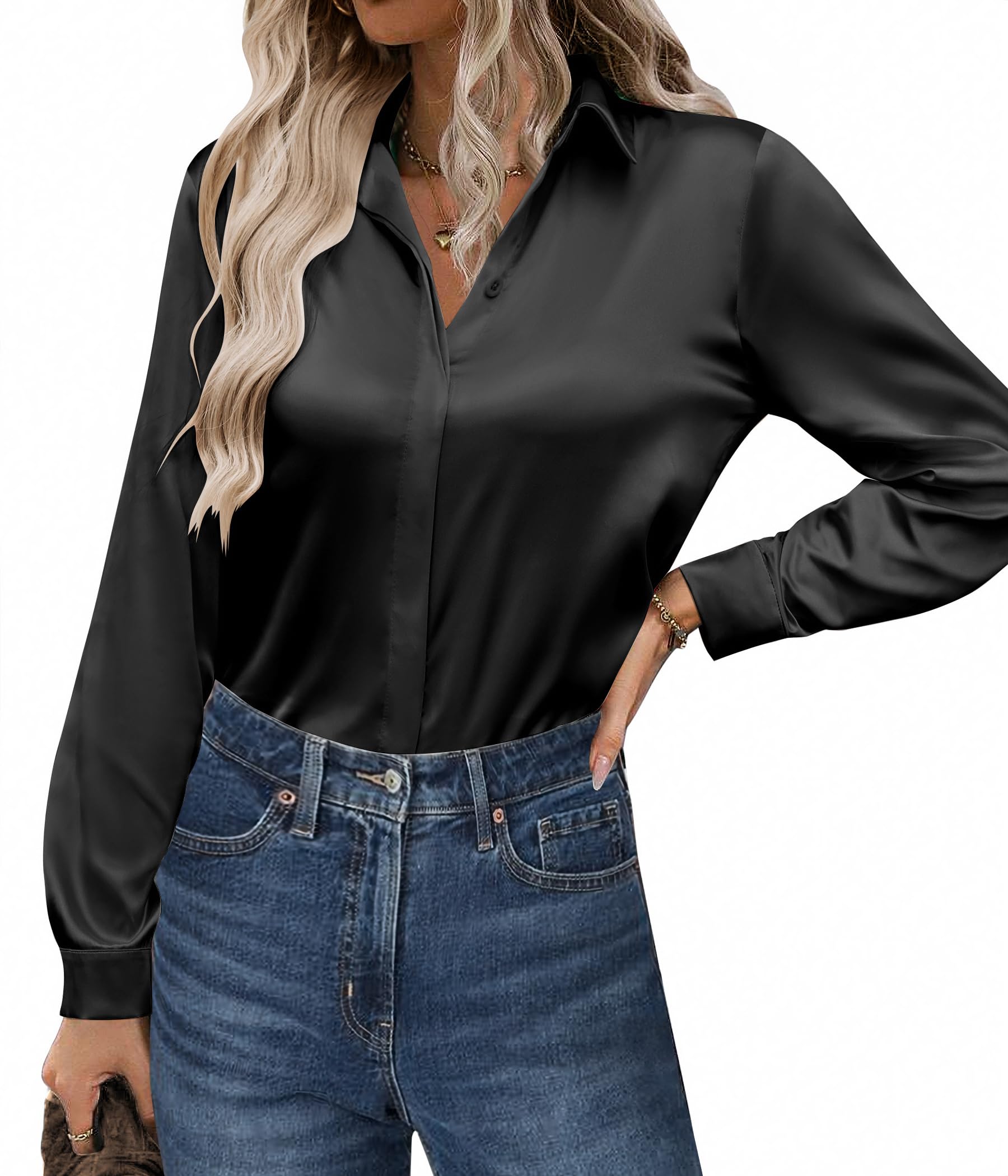 Zeagoo Women's Satin Blouse - Long Sleeve Button Down Silk Shirt for Business Casual & Office Wear - Elegant Tunic Top for Work, Dating & Special Occasions