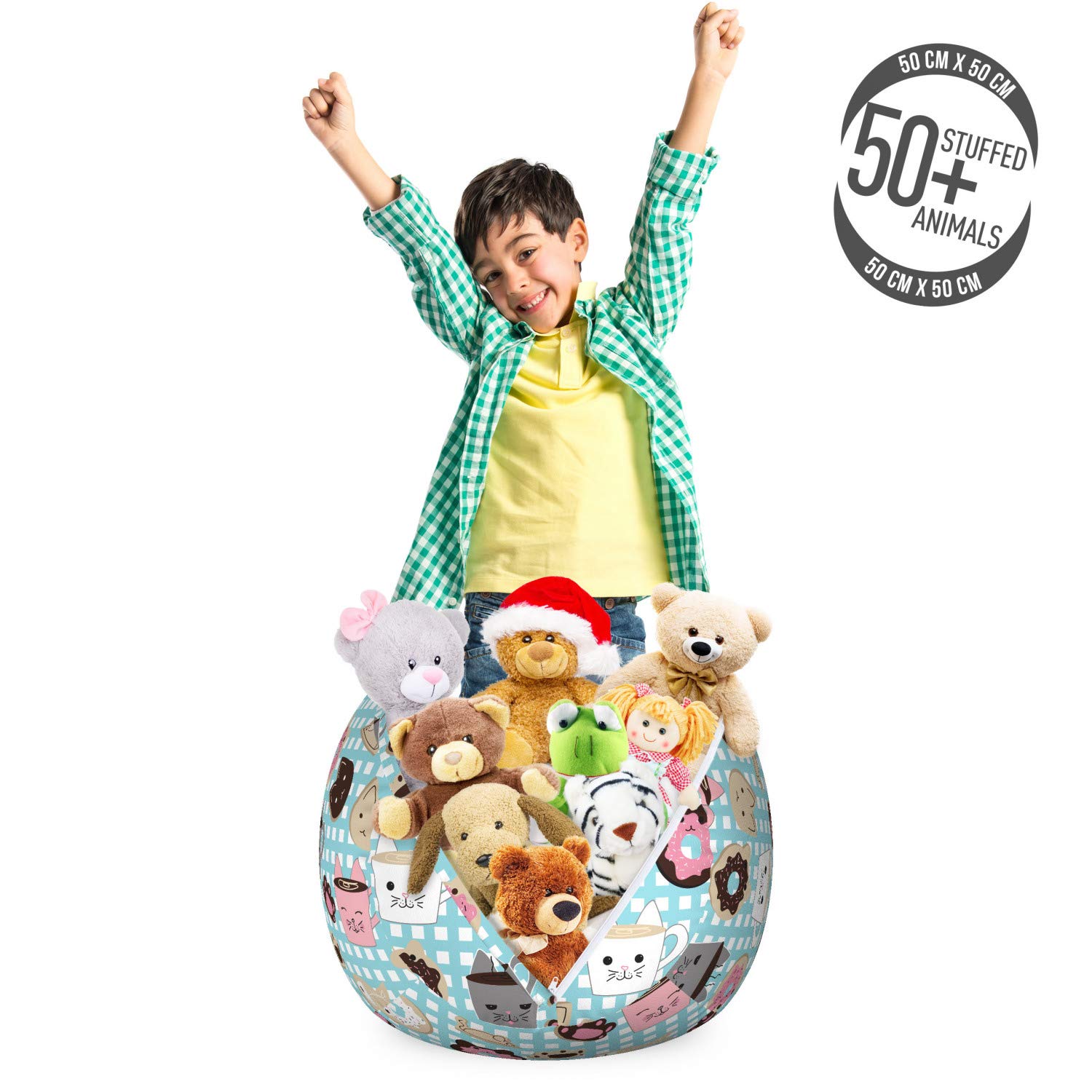 Ambesonne Cat and Mouse Toy Storage Bag Chair - Kawaii Style Bakery Cakes & Animal Faces Pattern - Washable Stuffed Animal Organizer for Kids Room - Small Multicolor - Perfect for Playroom, Bedroom & Nursery Organization