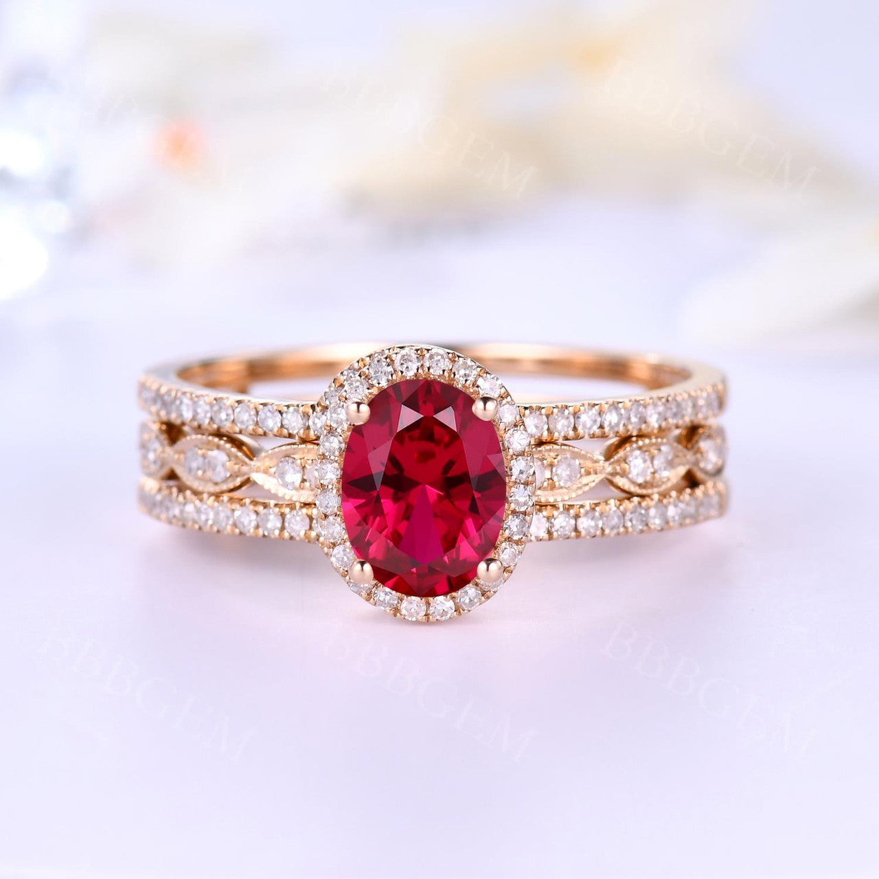 Rose Gold Diamond Halo Lab Ruby Engagement Ring Set With Euro Open Shank Double Band - Elegant Wedding Jewelry for Brides, Anniversary Gifts & Romantic Proposals