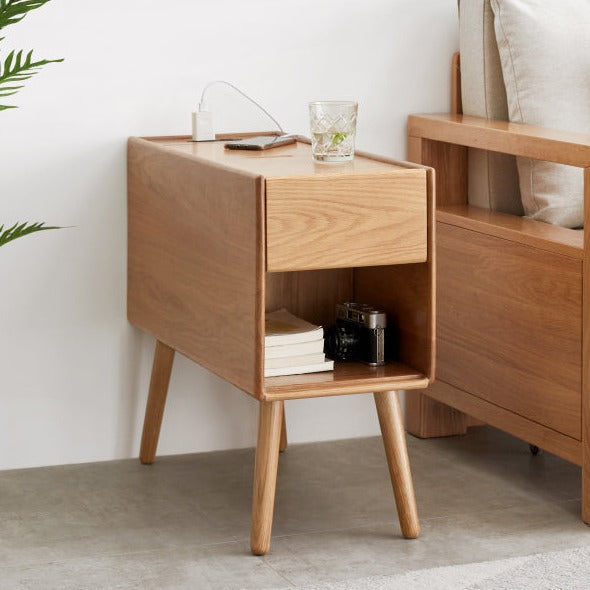 Solid Oak Narrow Side Table with Flip Door Storage - Rustic Wood End Table for Living Room, Bedroom & Entryway - Compact Console Cabinet for Small Spaces