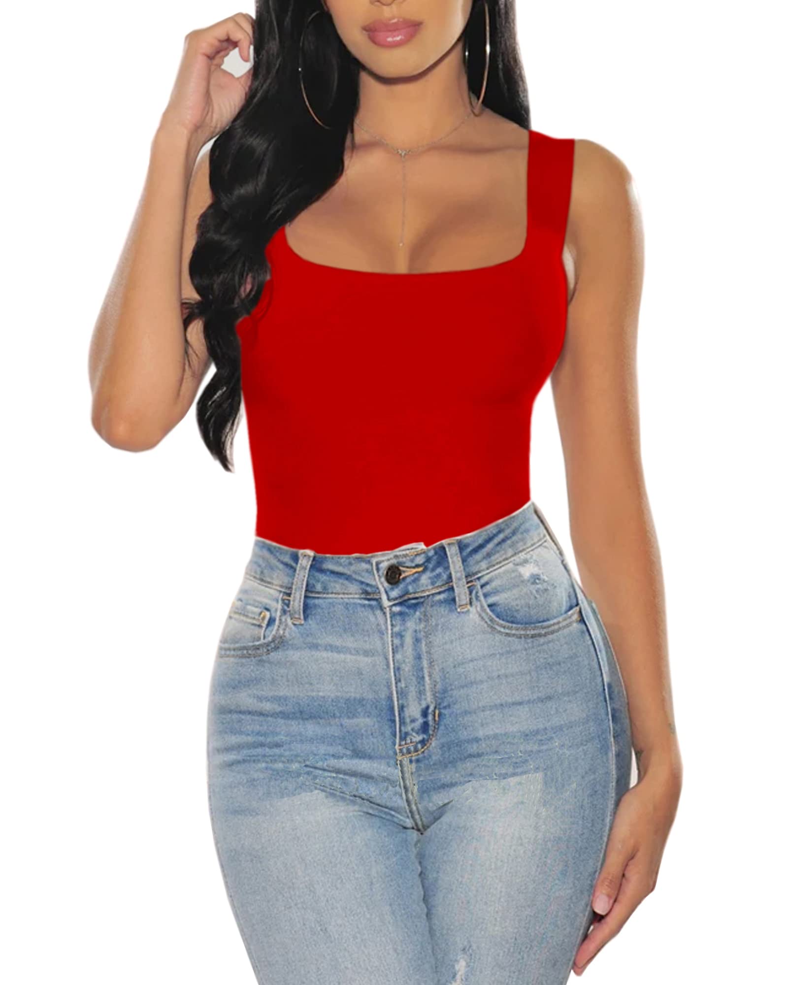 Women's Square Neck Sleeveless Bodysuit Tops - Stretchy Comfortable Tank T-Shirt for Yoga, Workout & Casual Wear