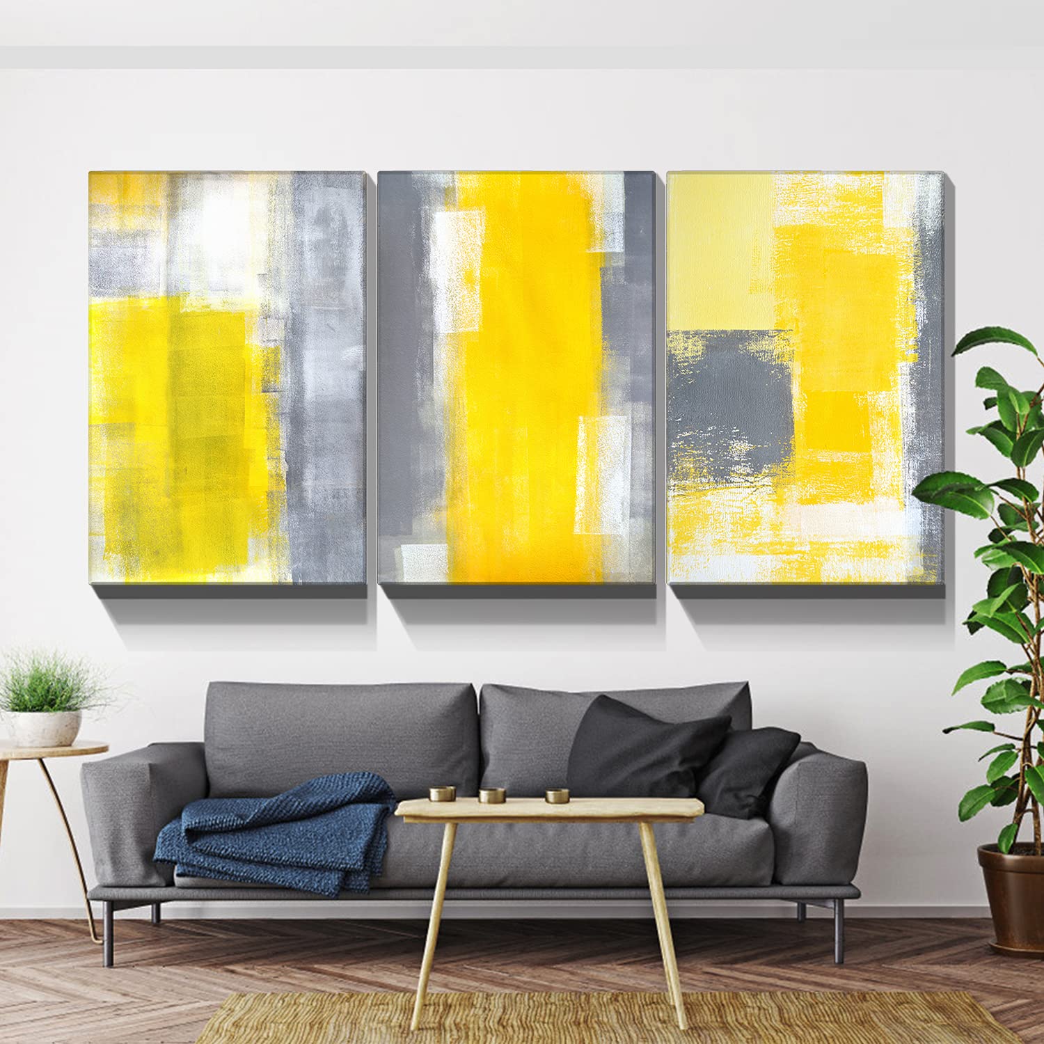 Looife Abstract Canvas Wall Art Set of 3 - 16x24 Inch Yellow & Grey Oil Painting Prints - Modern Ready to Hang Wall Decor for Living Room, Bedroom & Office