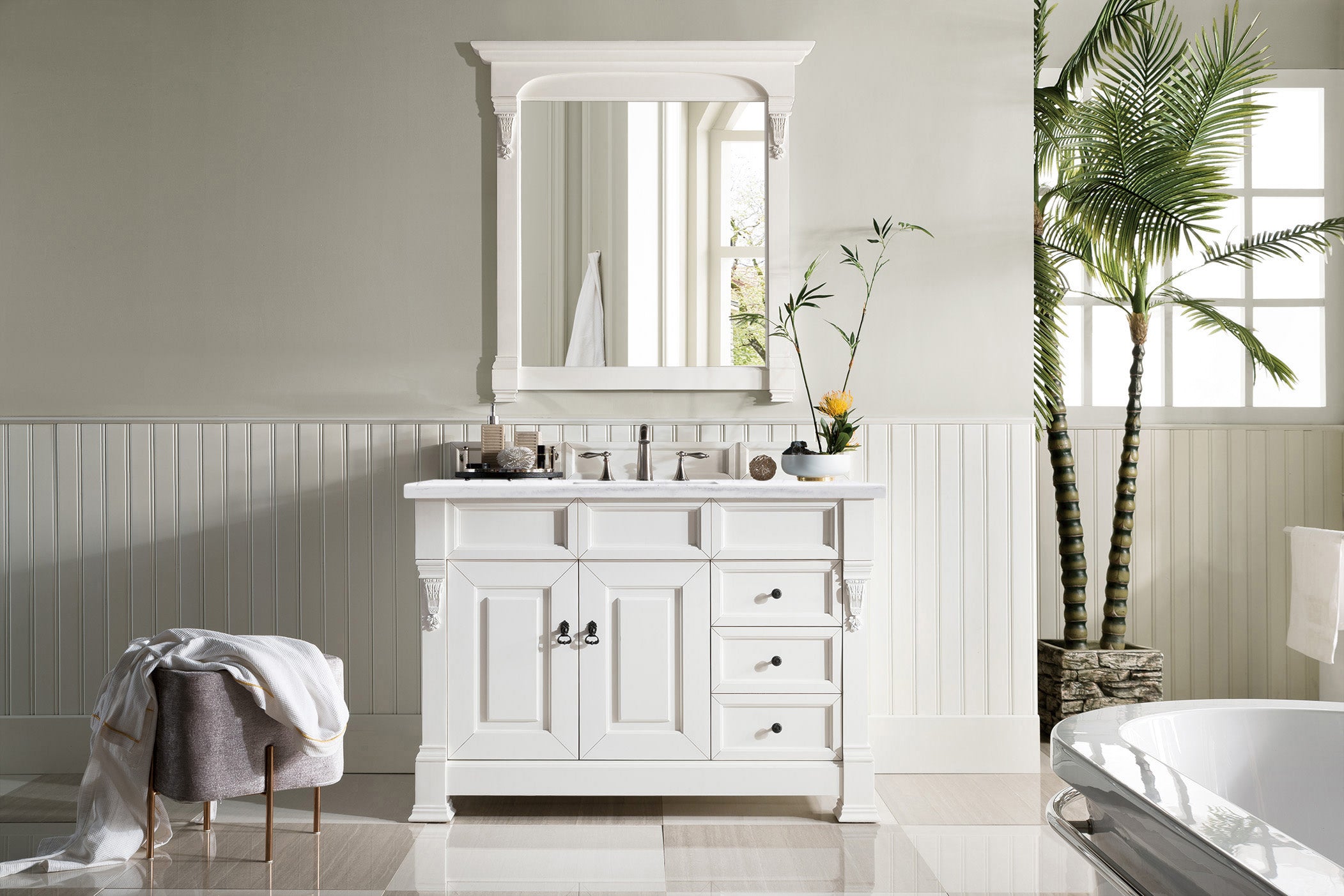 Brookfield 48 Inch Single Bathroom Vanity with Bright White Finish & 3CM Arctic Fall Solid Surface Top - Perfect for Modern Bathroom Renovations & Home Upgrades