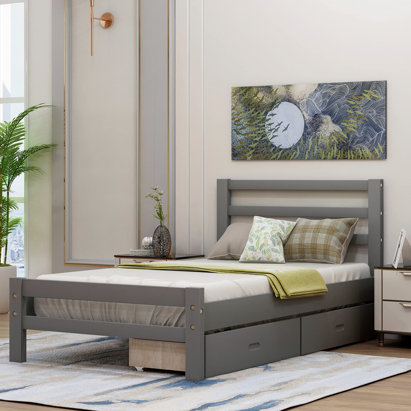 Twin Size Wood Platform Bed Frame with 2 Storage Drawers - Sturdy 10-Slat Support for Kids, Teens & Adults - No Box Spring Needed - Gray - Perfect for Small Bedrooms, Dorms & Guest Rooms