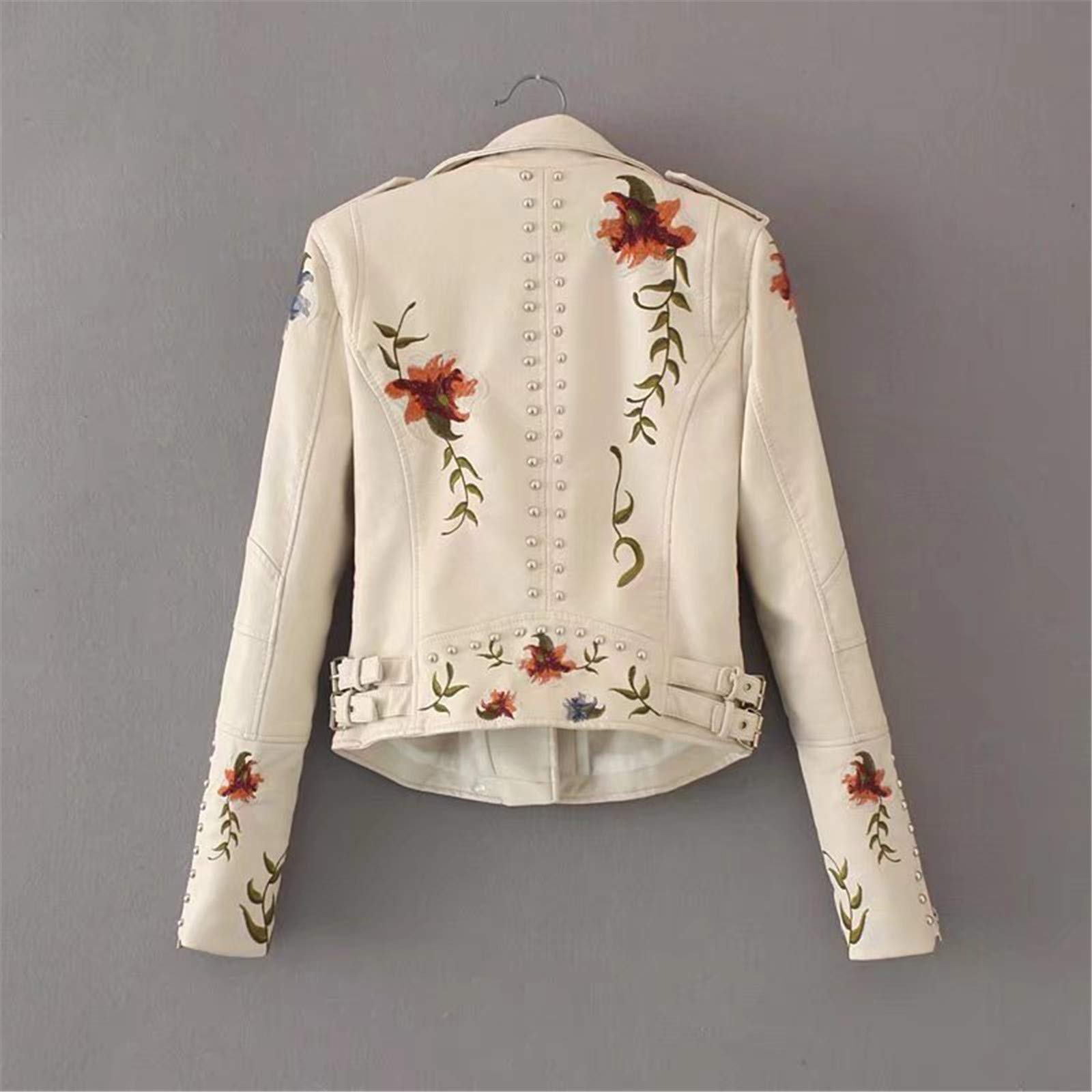 Stylish Autumn Flower Embroidery PU Leather Jacket for Women - Slim Fit Short Motorcycle Biker Jacket with Rivet Details | Perfect for Casual Outings, Bike Rides & Fall Fashion