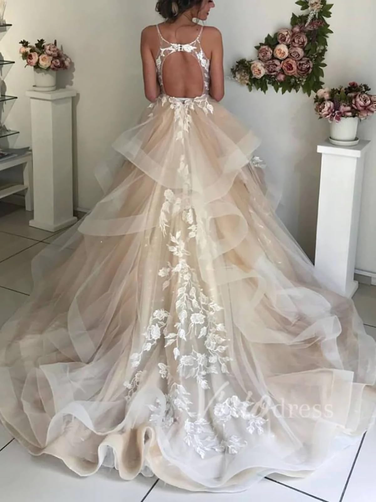 Elegant V-Neck Lace Appliqued Wedding Dress for Women - Tiered Ruffle Puffy Tulle Bridal Gown with Train | Perfect for Church Ceremonies, Beach Weddings & Romantic Photoshoots