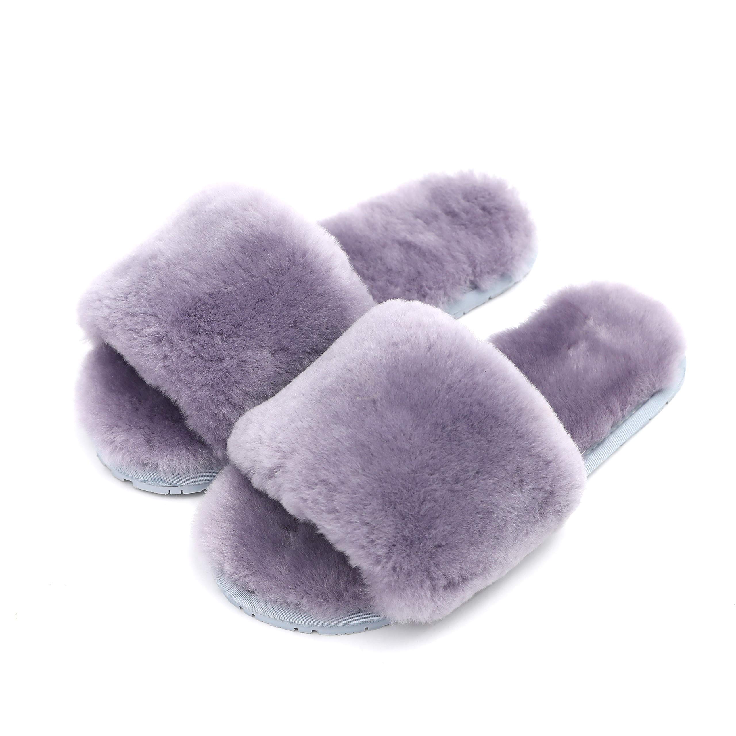 Women's Luxury Boiled Wool Slippers with Real Fur - Open Toe House Shoes for Indoor Comfort | Perfect for Relaxing at Home, Spa Days & Cozy Winter Evenings