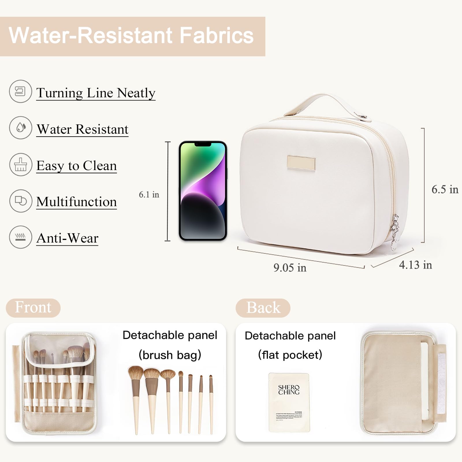 Large Capacity Travel Makeup Bag with Clear Double-Sided Compartments & Brush Holder - Waterproof PU Leather Cosmetic Organizer & Toiletry Bag for Women (Beige) - Perfect for Air Travel, Gym, and Daily Beauty Essentials