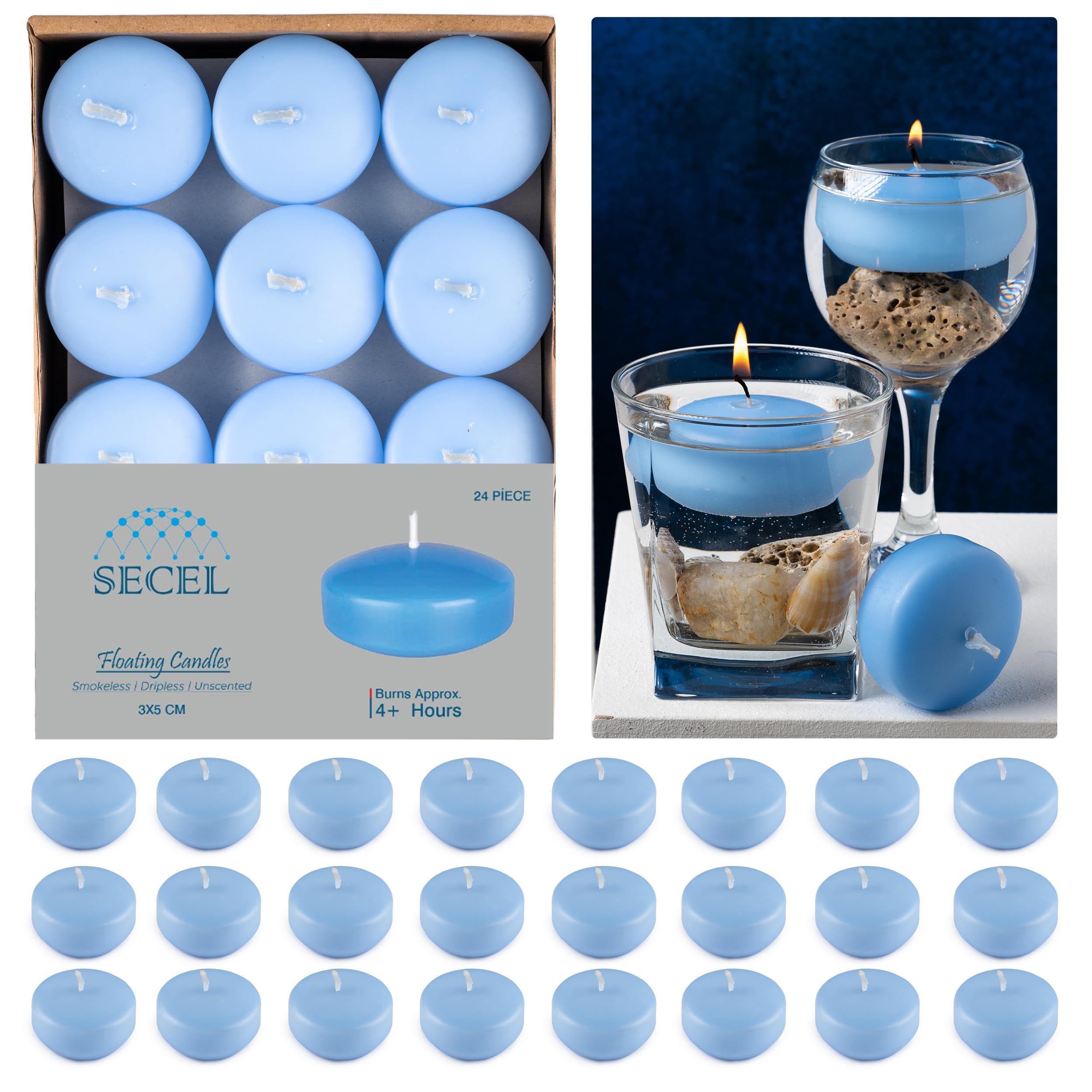 24 Pack Floating Candles 2 Inch - 4+ Hours Burn Time, 100% Paraffin Wax with Cotton Wick - Dripless & Smokeless for Home Decor, Wedding, Valentine's Day, Birthday Dinners & Celebrations - Perfect for Centerpieces, Pool Parties & Romantic Ambiance