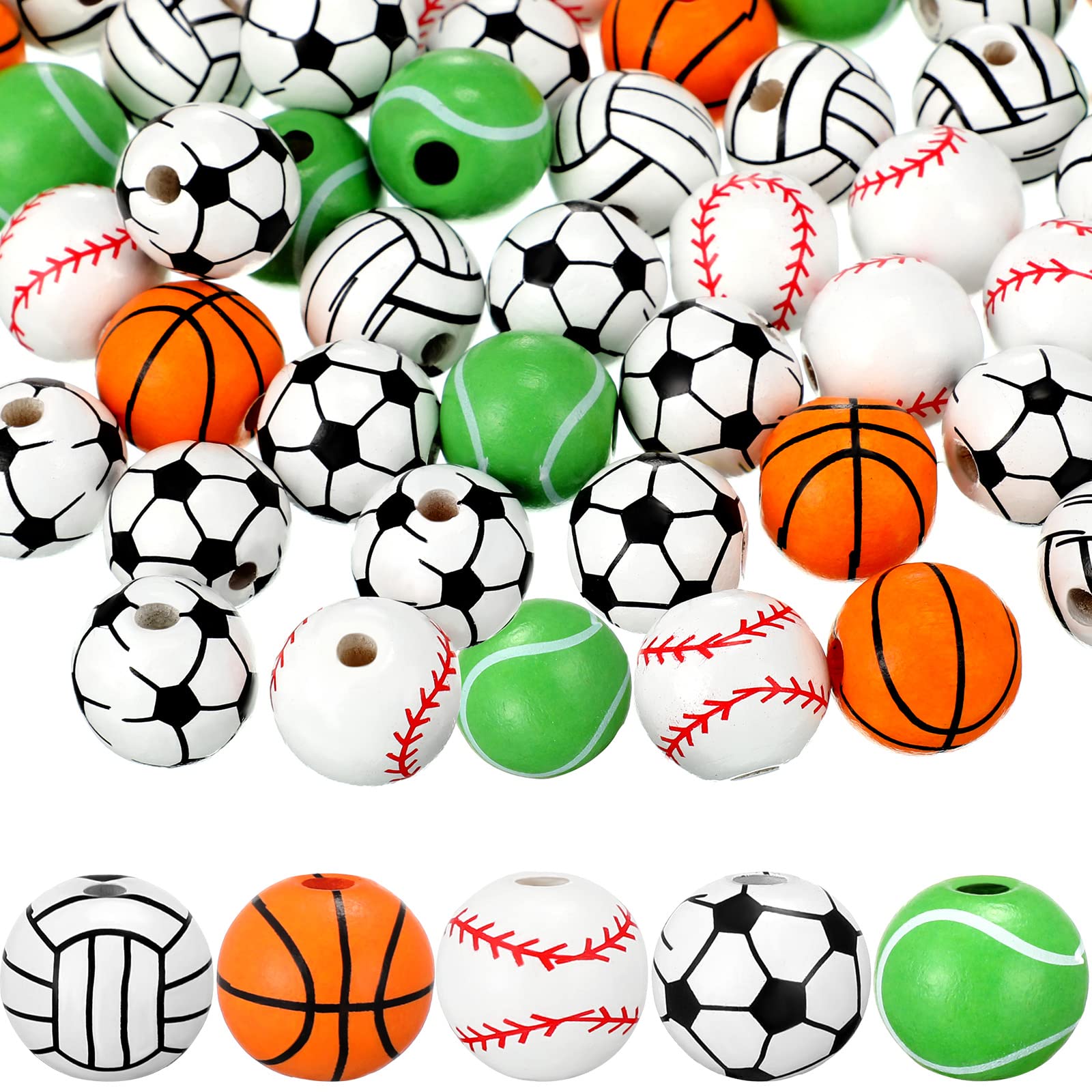 100-Piece Wooden Sports Beads Set - Soccer, Basketball, Baseball, Volleyball, Tennis Ball Charms for DIY Bracelets, Necklaces & Jewelry Making - Perfect for Craft Kits, Party Favors & Kids' Art Projects